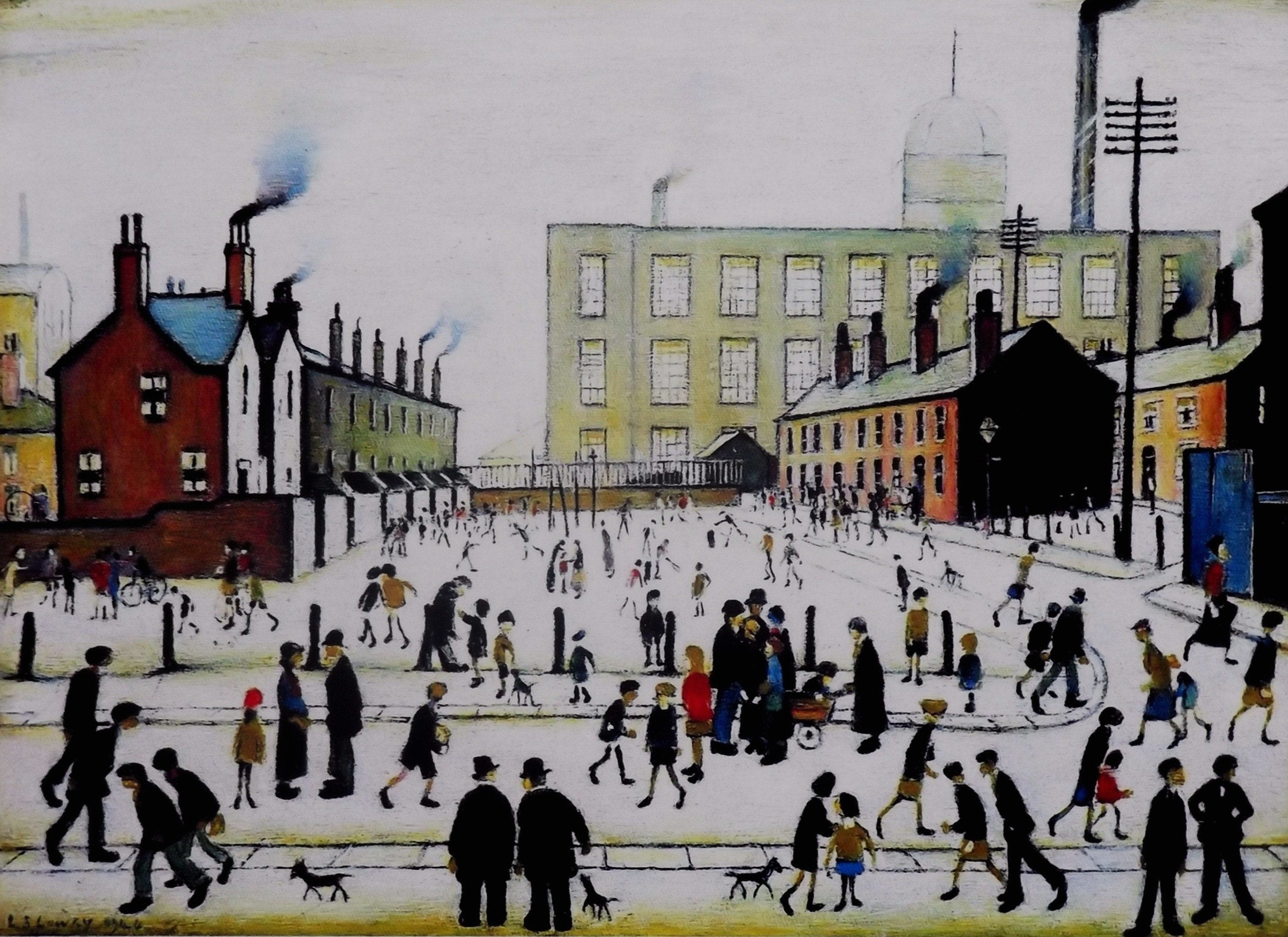L S Lowry AUTHENTIC Print - Mill Scene with Figures - Textured Image with Fine Art Coating