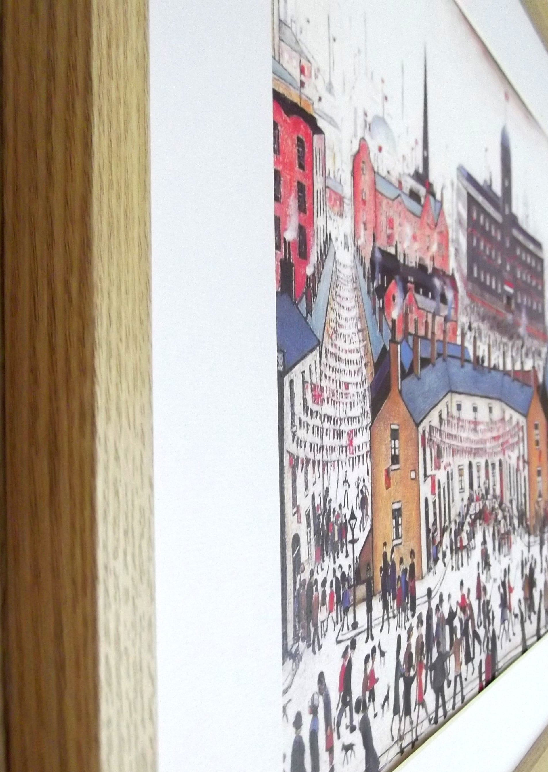 L S Lowry Print – V E Day - Oak Finish Frame with Mount and Textured Image