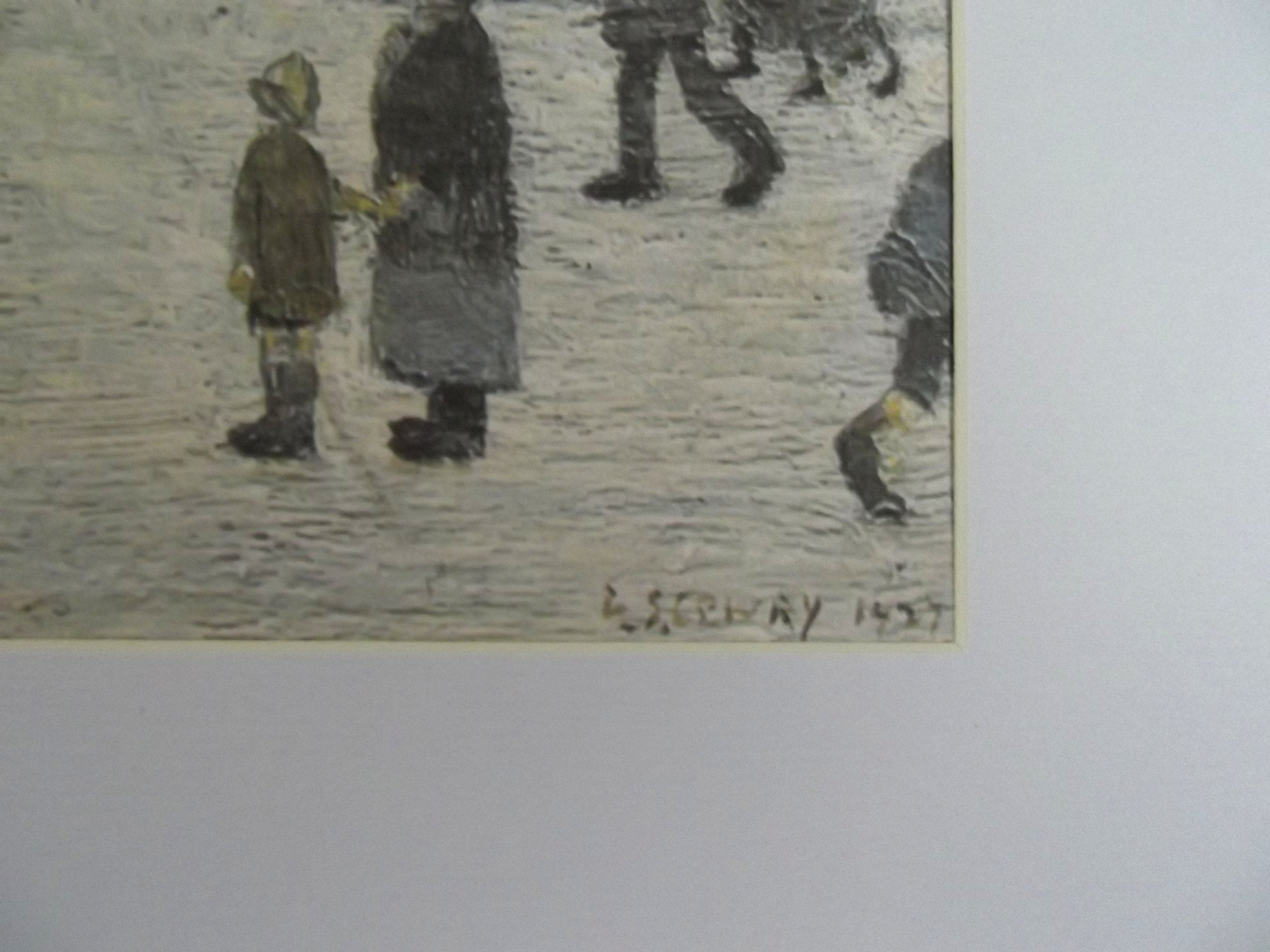 L S Lowry Print – Coming Out Of School - Grey Frame with Mount and Textured Image