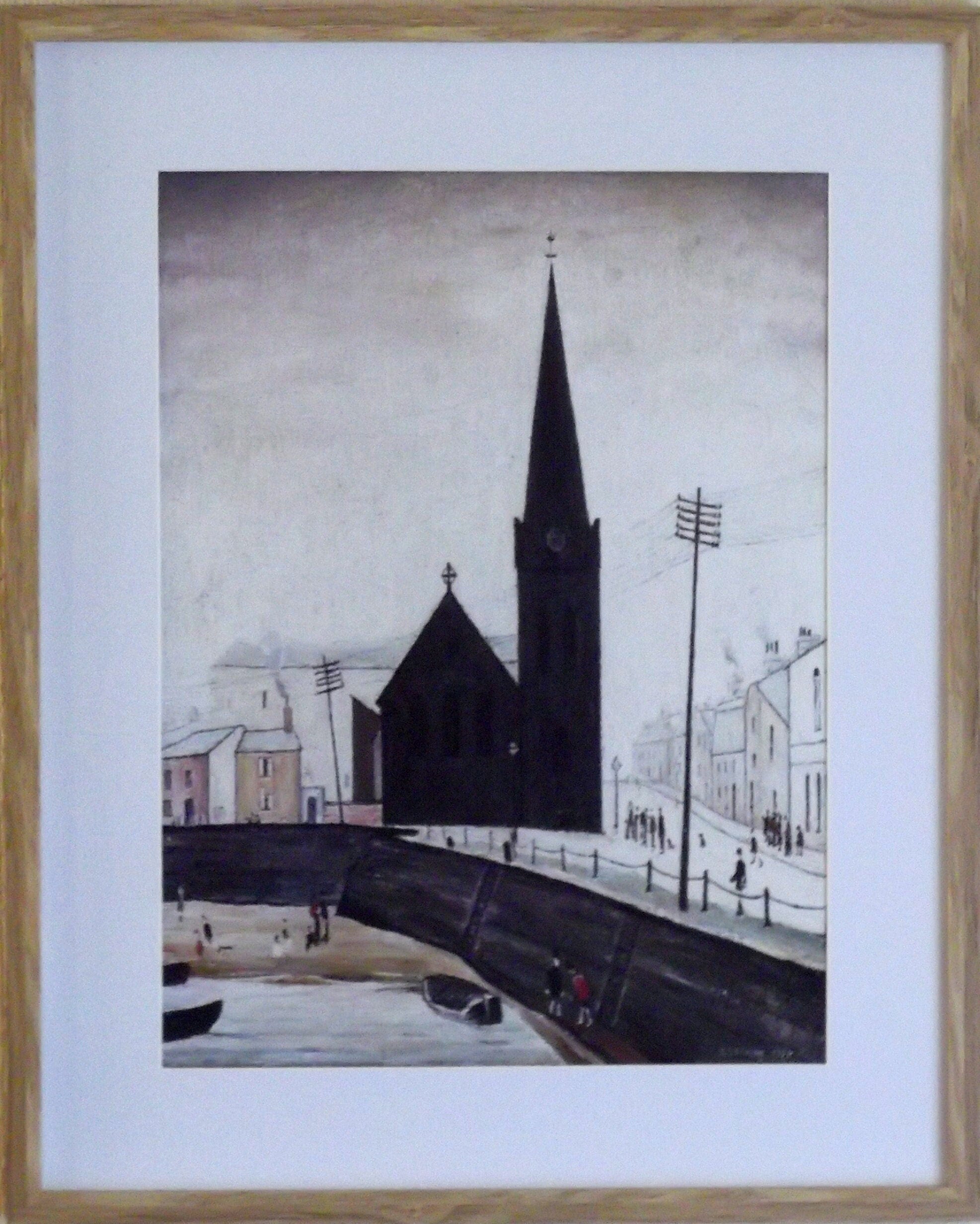 L S Lowry Print- On the Quay MARYPORT - Light Oak Finish Frame with Mount and Textured Image