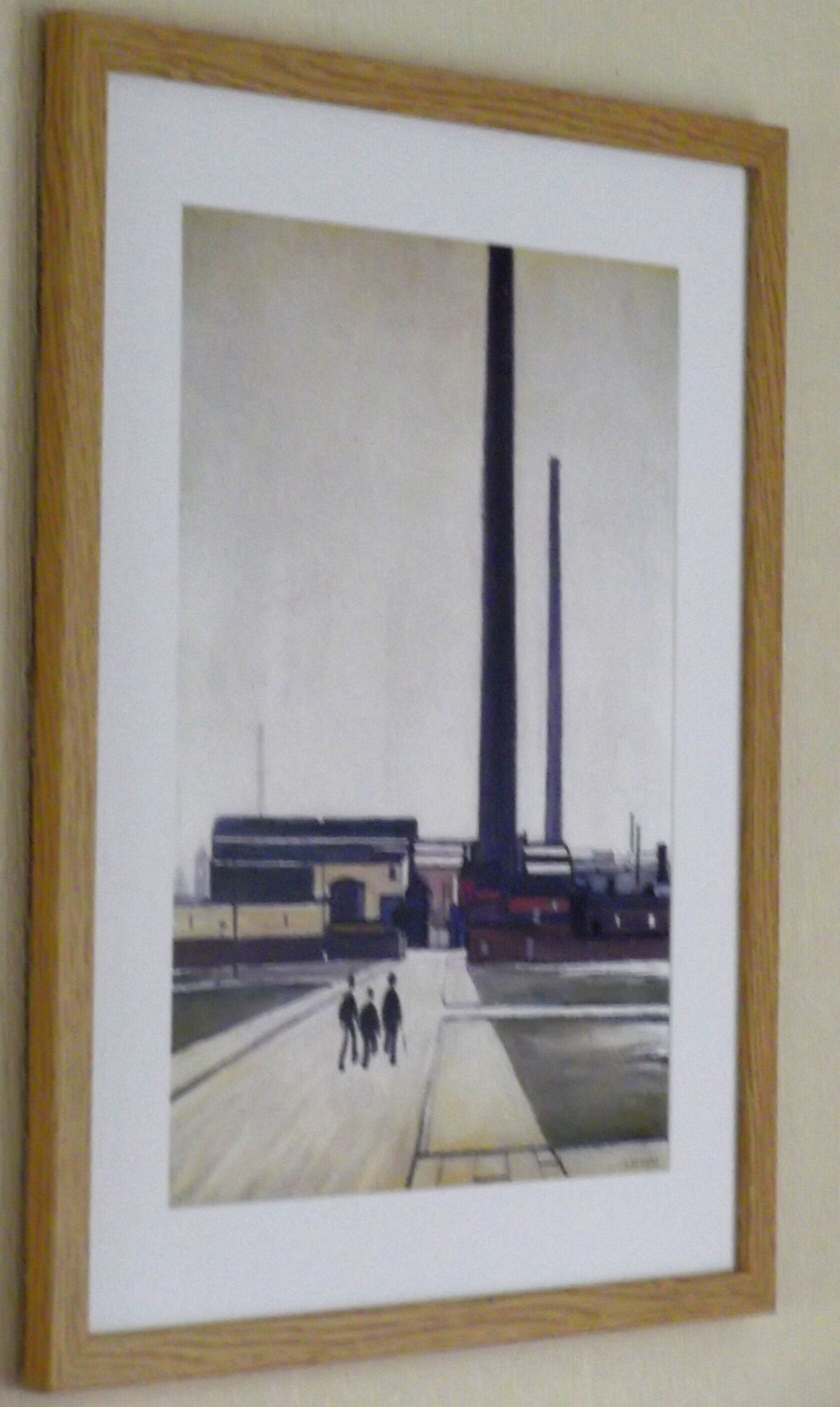 L S Lowry Art Print - Factory at WIDNES - Light Oak Finish Frame with White mount and Textured Image