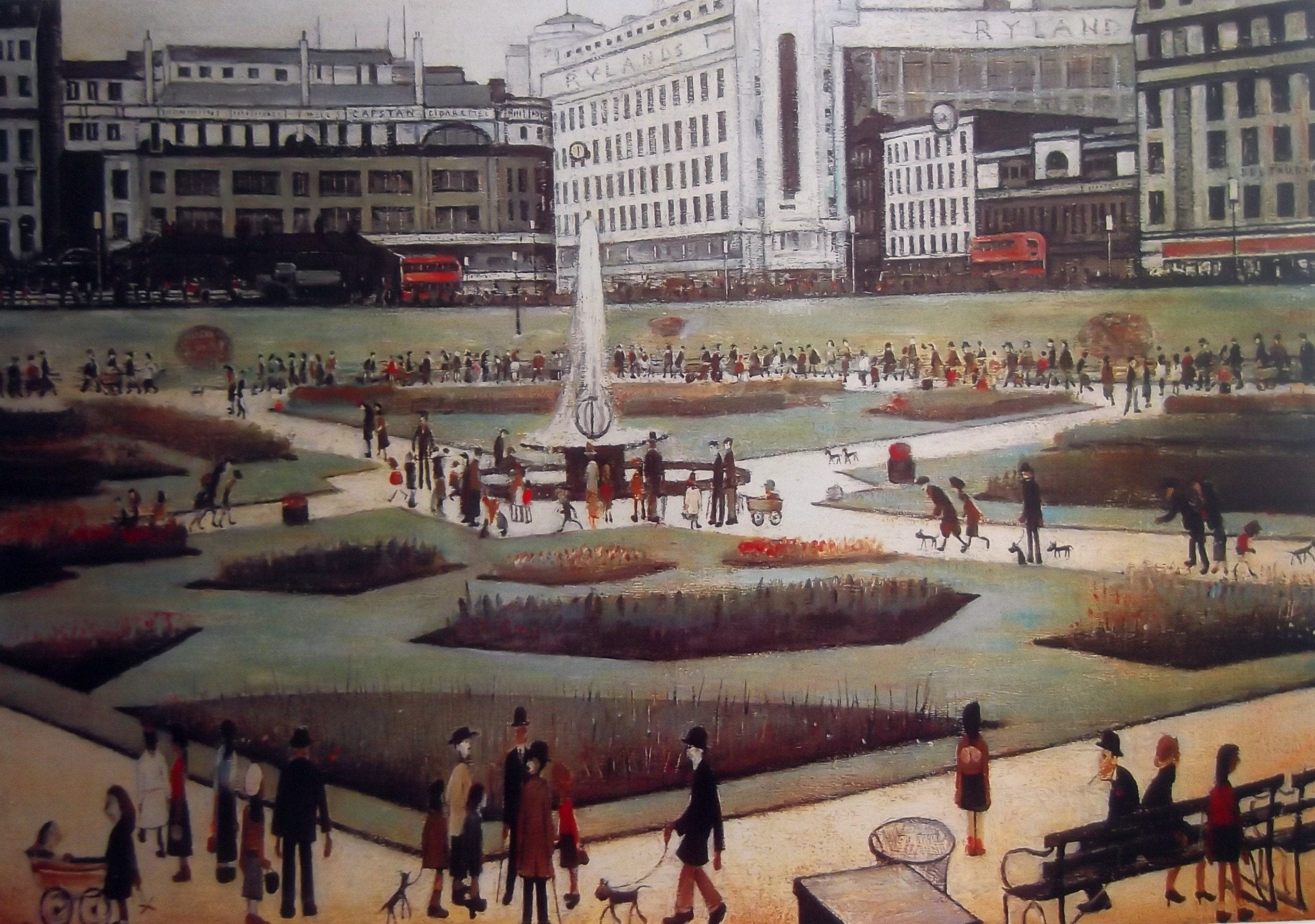 L S Lowry AUTHENTIC Print - PICCADILLY GARDENS - Textured Image with Fine Art Coating