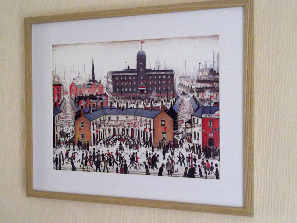 L S Lowry Print – V E Day - Oak Finish Frame with Mount and Textured Image