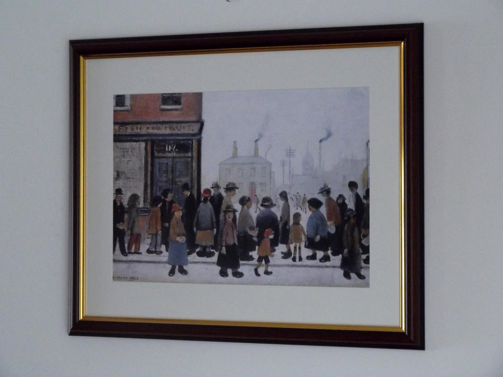 L S Lowry Print – Waiting for Shop to Open - Walnut Finish Frame with Mount and Textured Image