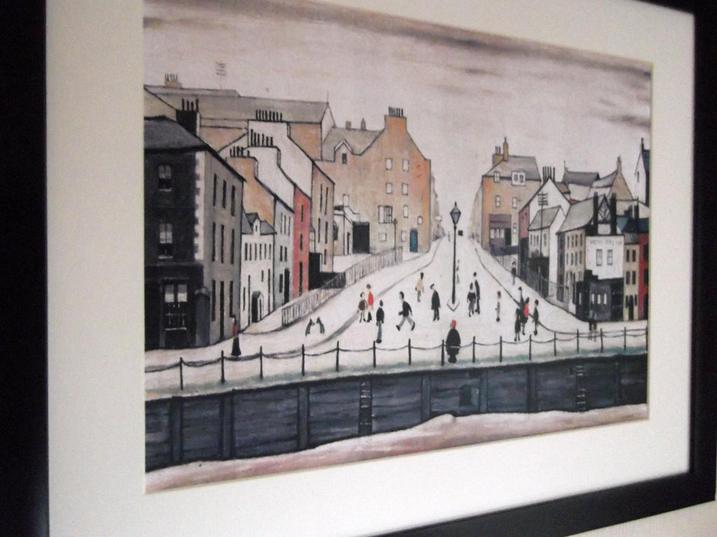L S Lowry Art Print - Senhouse St MARYPORT - Black Frame with White mount and Textured Image