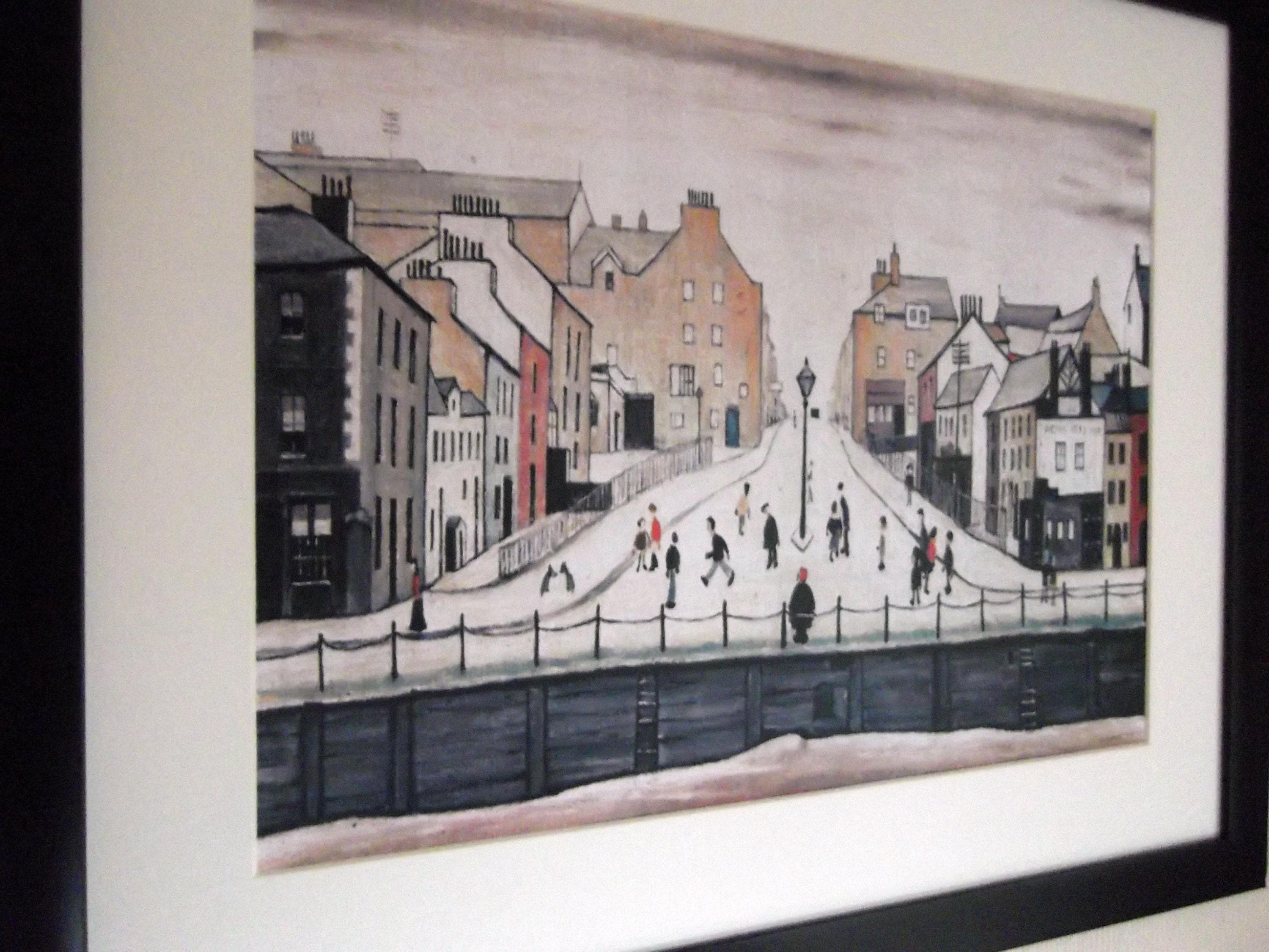L S Lowry Art Print - Senhouse St MARYPORT - Black Frame with White mount and Textured Image