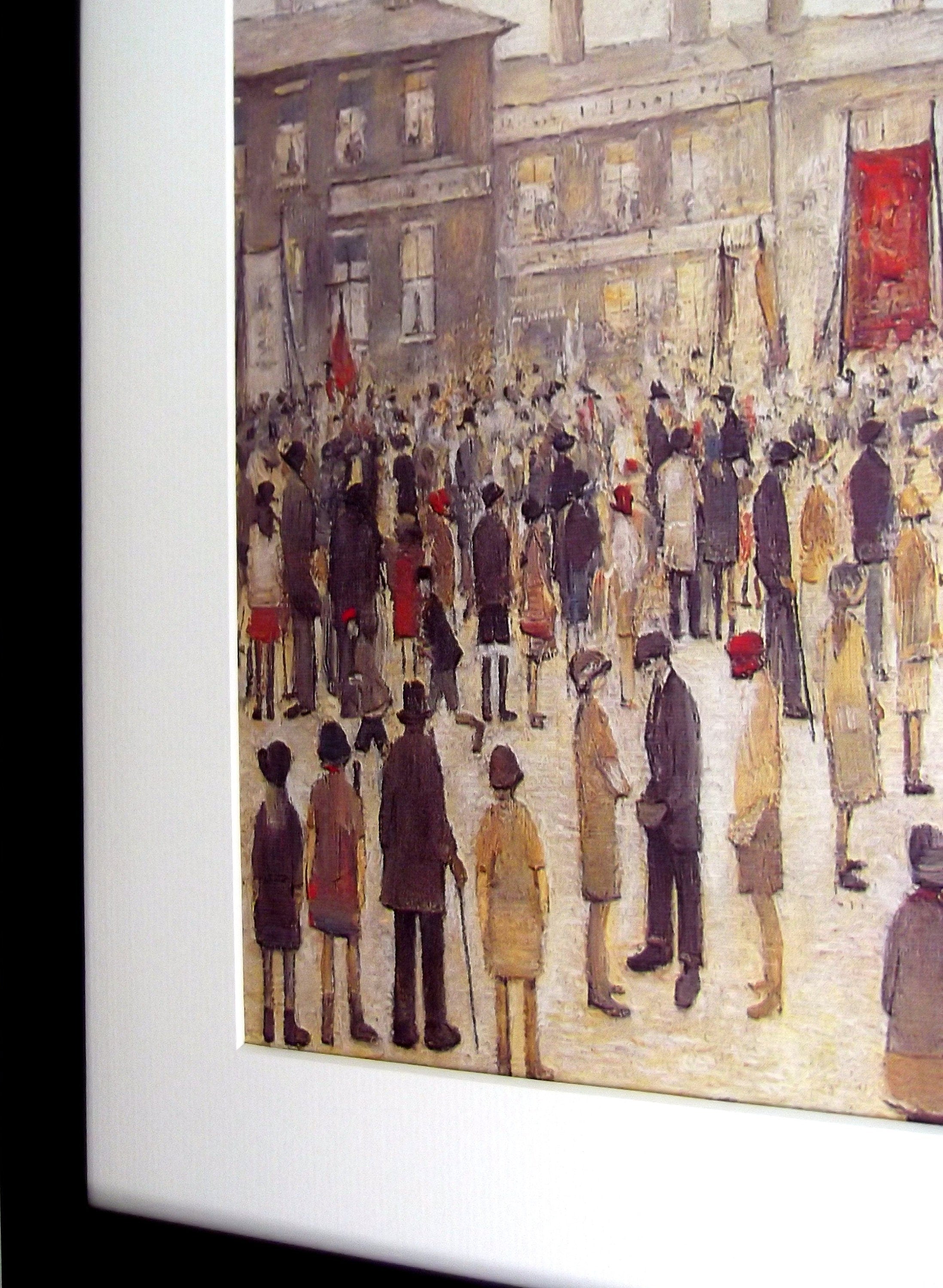 L S Lowry AUTHENTIC Art Print - A Procession - Satin Black Frame with White mount and Textured Image