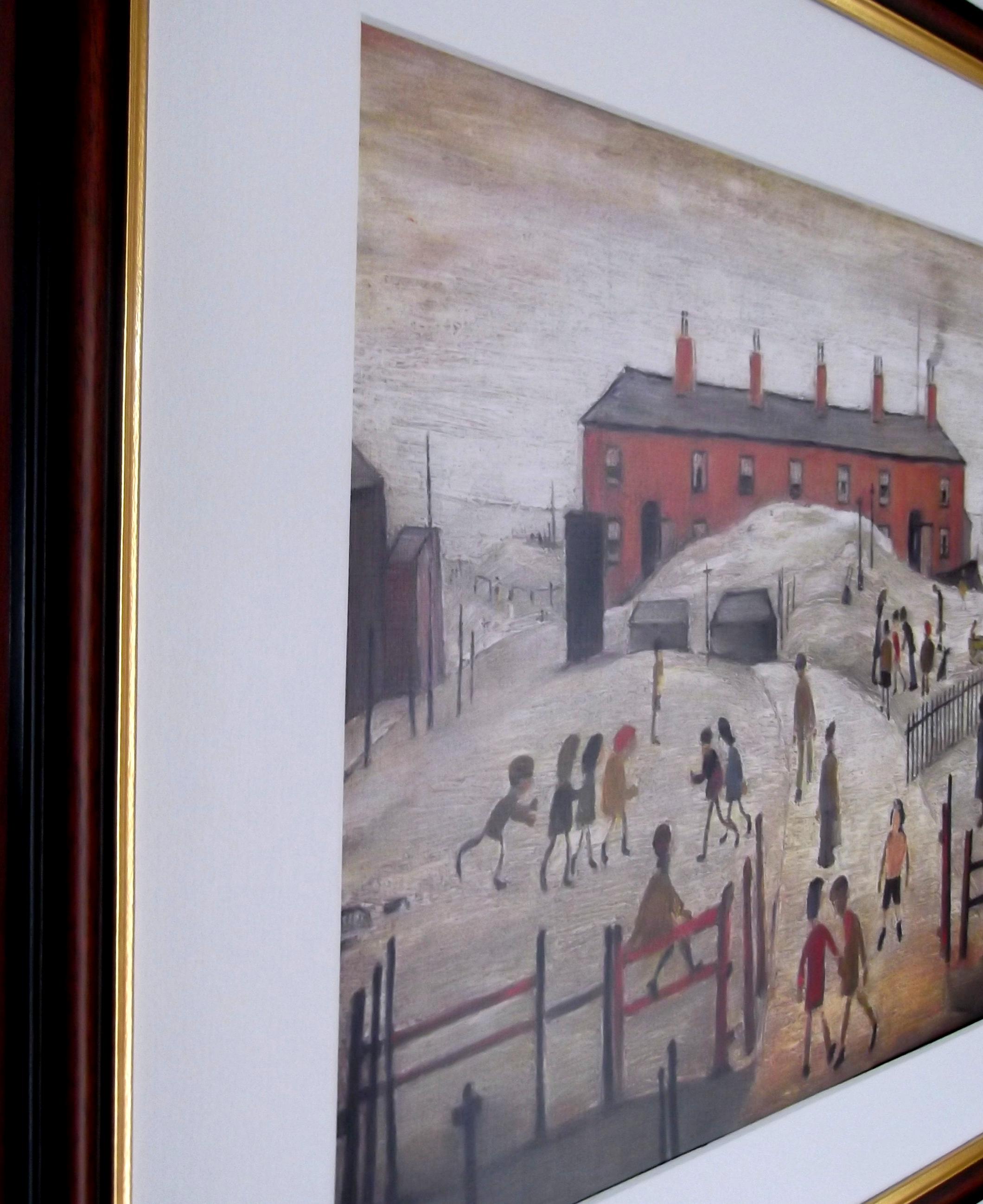 L S Lowry Art Print - School Playground - Walnut Finish Frame with White mount and Textured Image