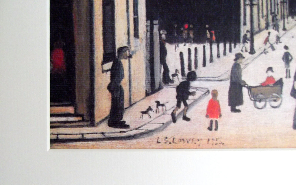 L S Lowry Art Print - Street Scene PENDLEBURY - Satin Black Frame with White mount and Textured Image