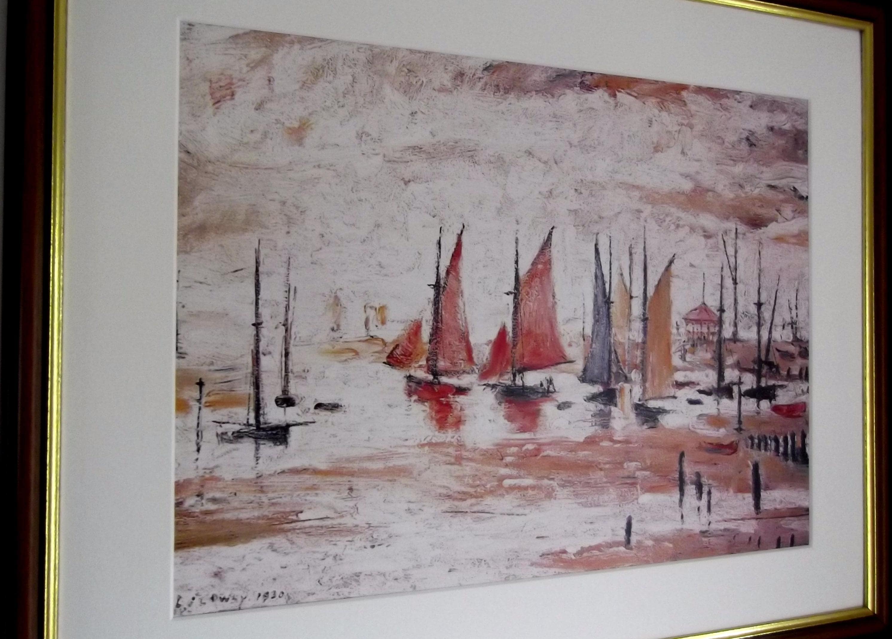 L S Lowry Art Print - SAIL BOATS - Walnut Finish Frame with White Mount and Textured Image