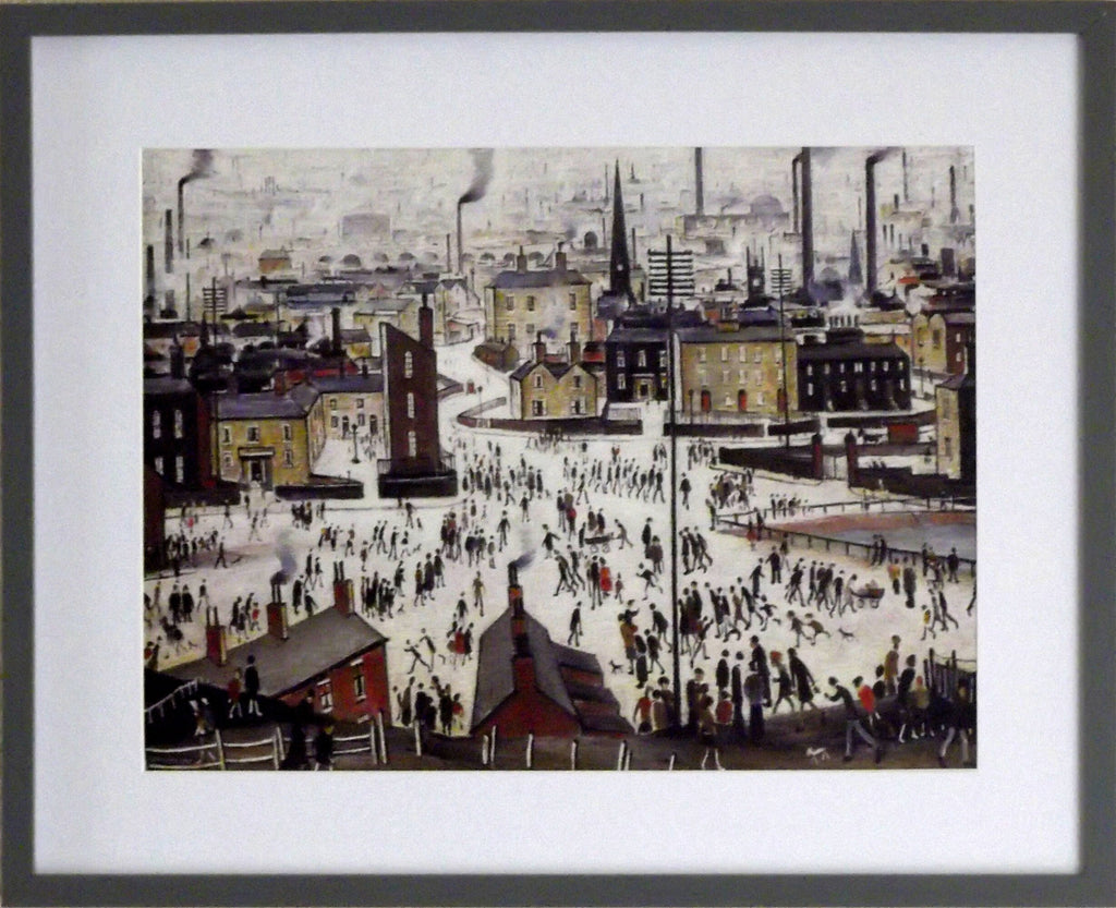 L S Lowry Art Print - A Lancashire Town - Satin Grey Frame with White mount and Textured Image