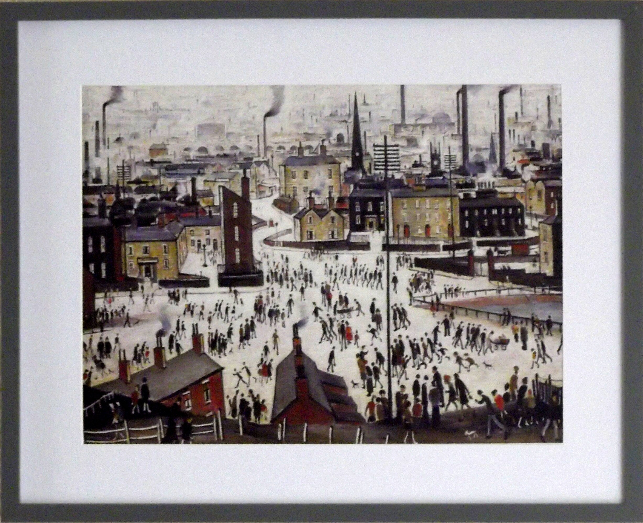L S Lowry Art Print - A Lancashire Town - Satin Grey Frame with White mount and Textured Image