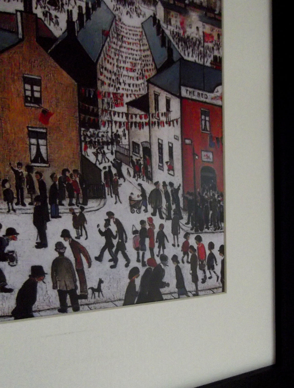 L S Lowry Print - V E DAY - Black Frame with Mount and Textured Art Paper