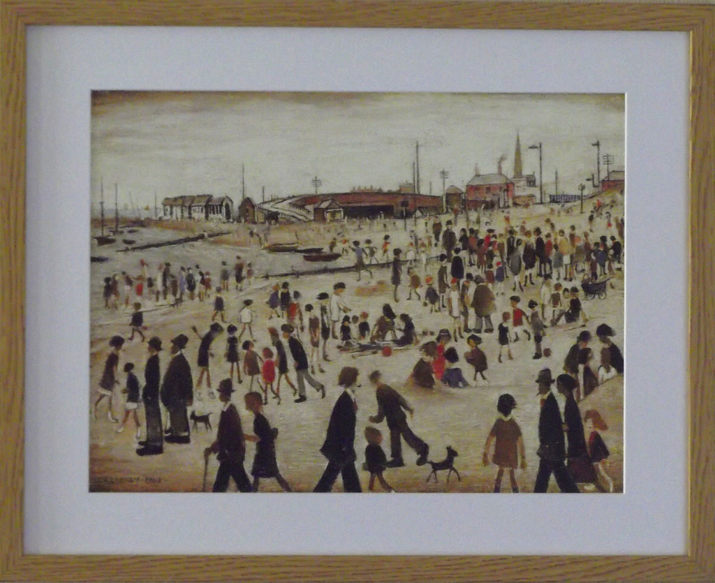 L S Lowry Print – BEACH SCENE - Oak Finish Frame with Mount and Textured Image