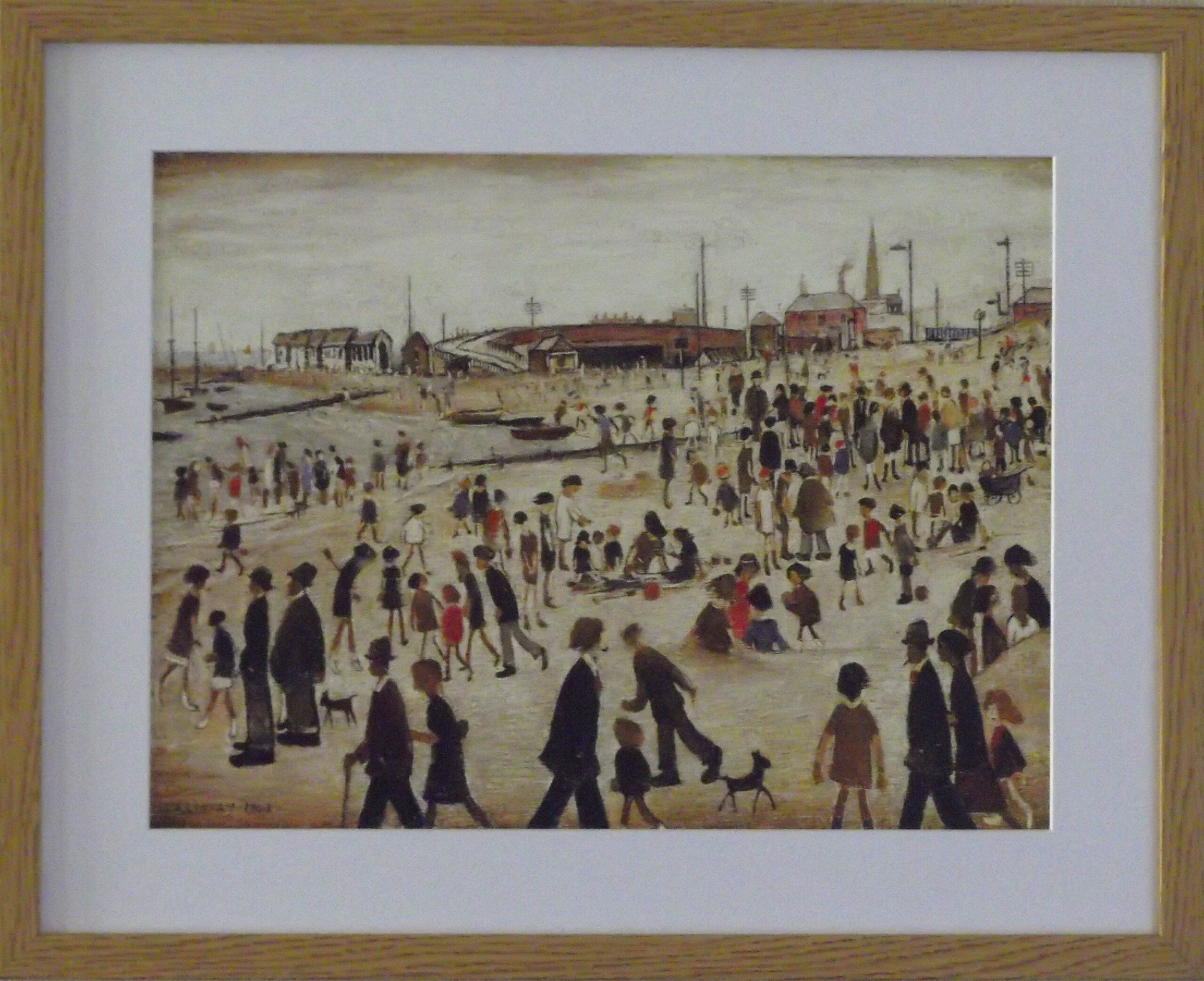 L S Lowry Print – BEACH SCENE - Oak Finish Frame with Mount and Textured Image
