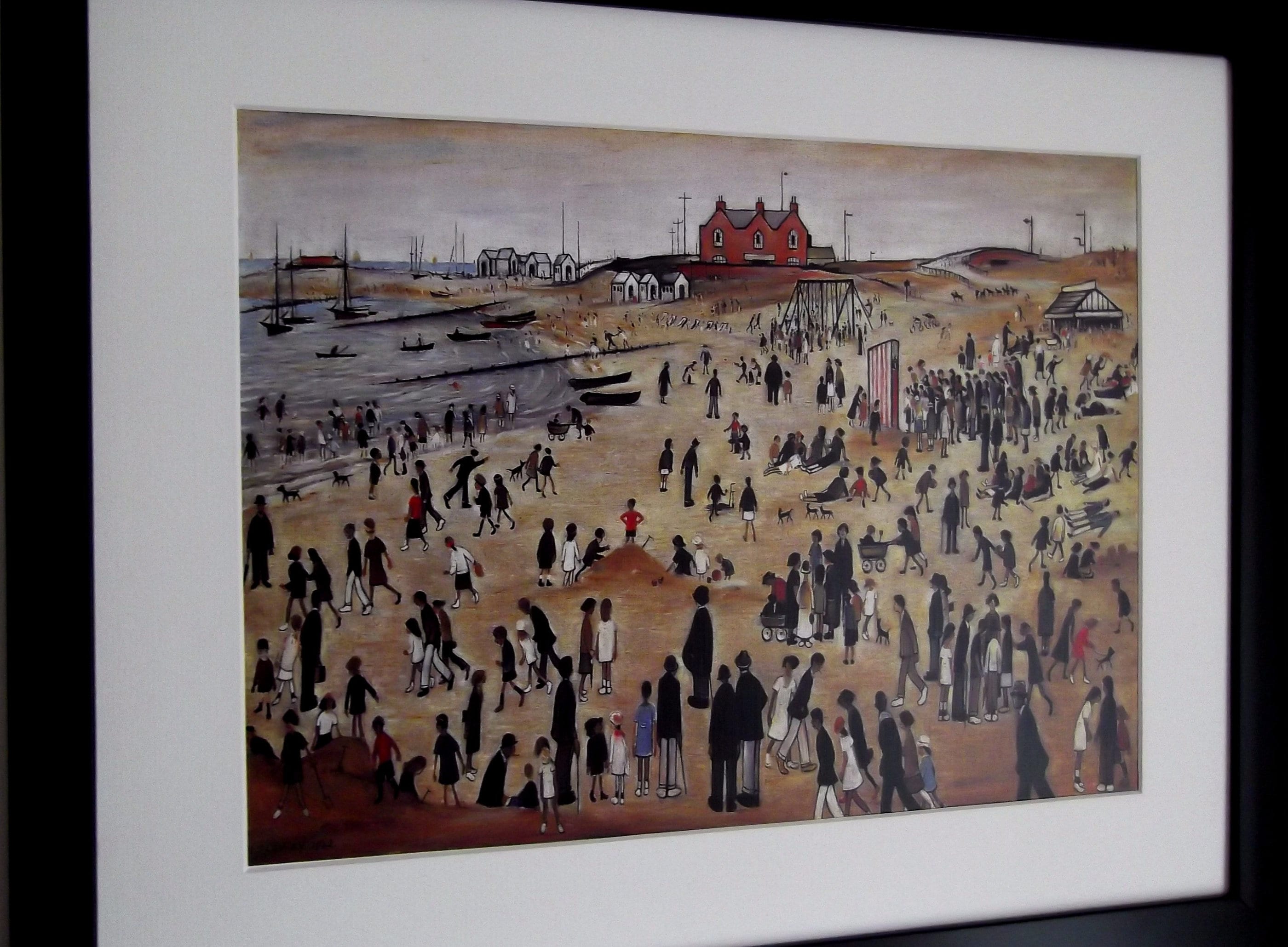 L S Lowry Art Print - THE SEASIDE - Satin Black Frame with White Mount and Textured Image