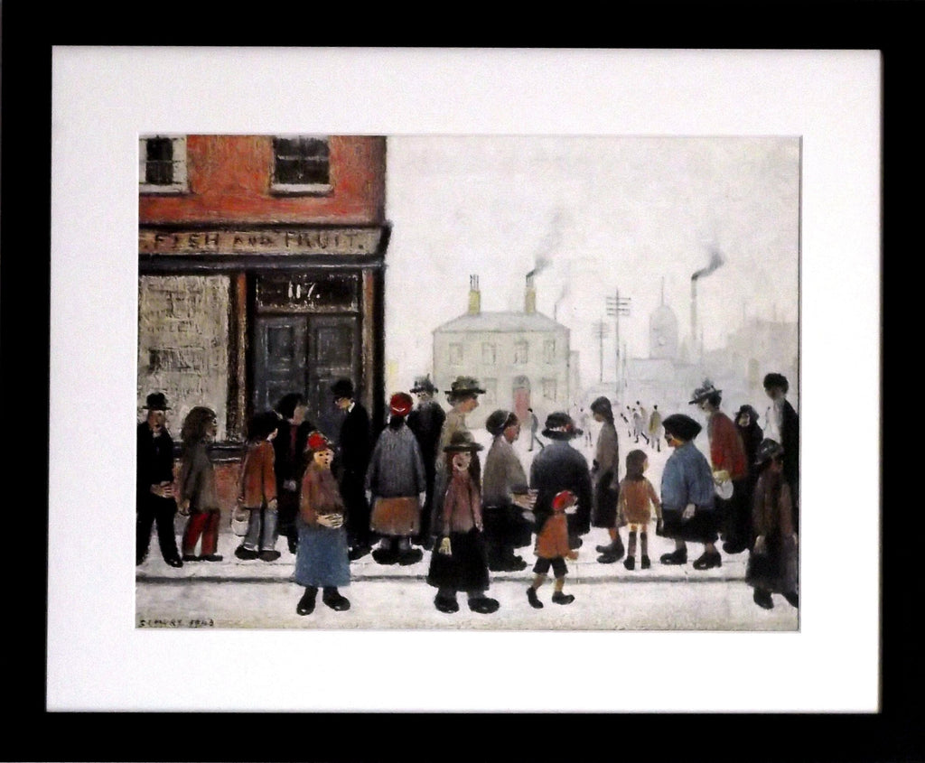 L S Lowry AUTHENTIC Art Print - Waiting For The Shop To Open - Satin Black Frame with White Mount and Textured Image