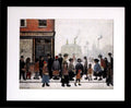 L S Lowry AUTHENTIC Art Print - Waiting For The Shop To Open - Satin Black Frame with White Mount and Textured Image