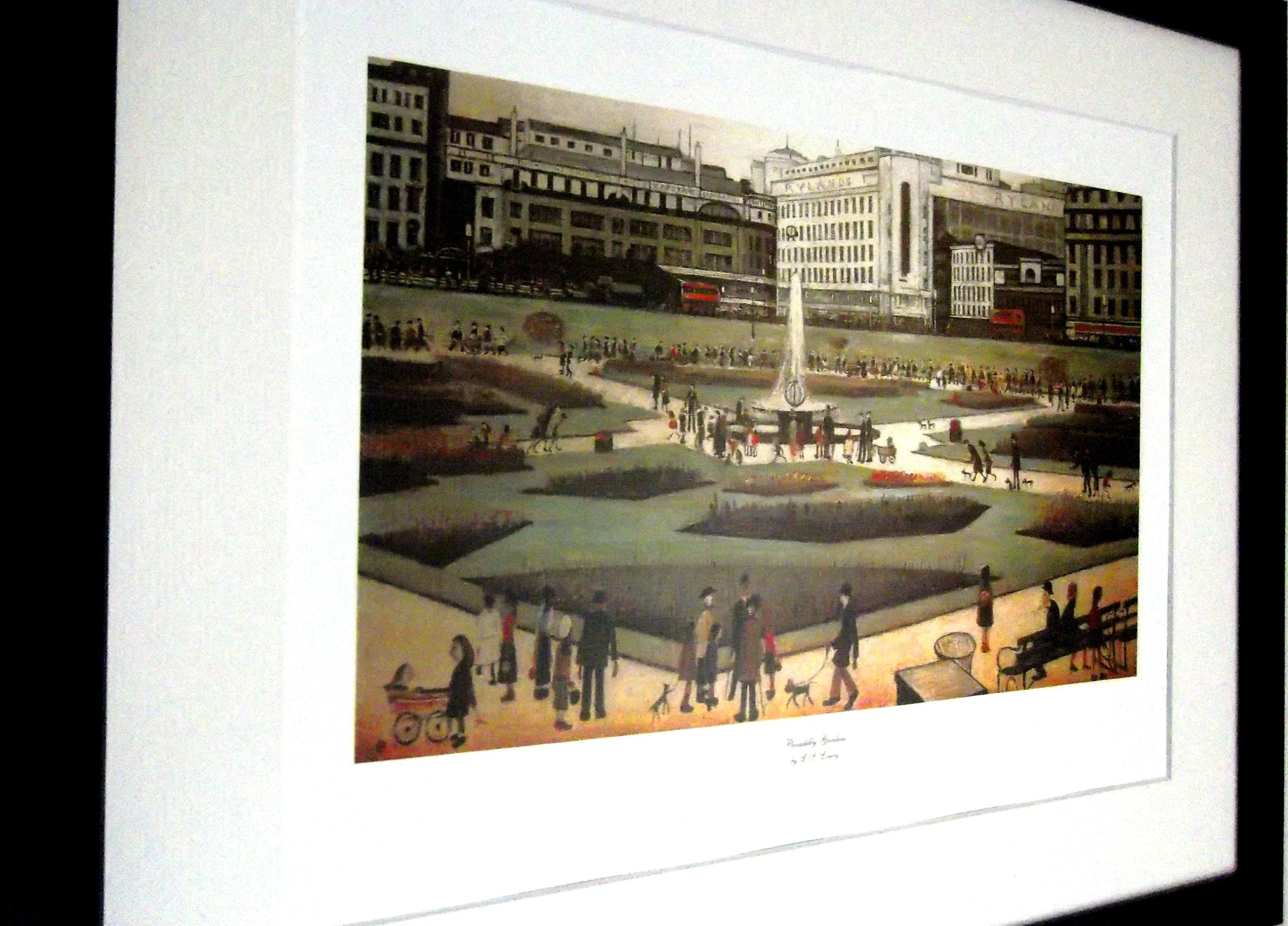 L S Lowry AUTHENTIC Art Print - Piccadilly Gardens - Satin Black Frame with White Mount and Textured Image
