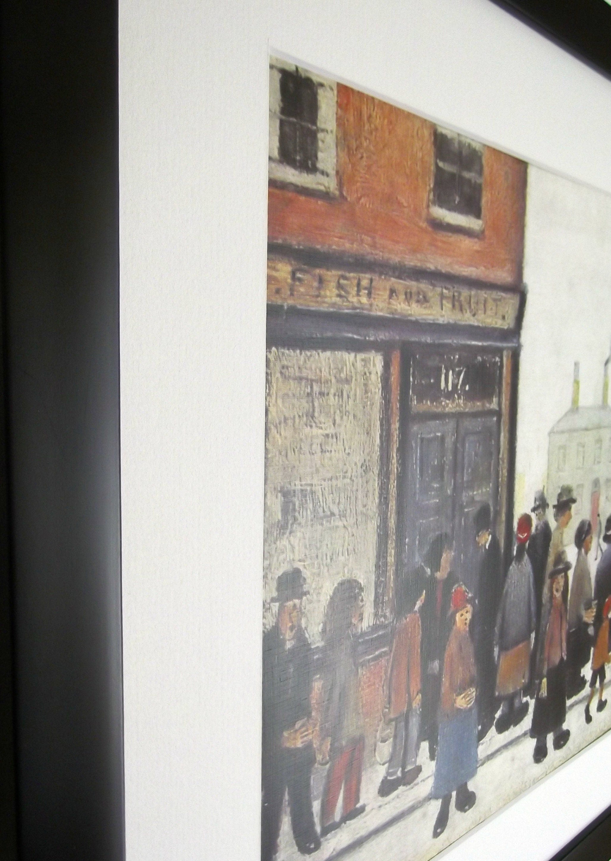 L S Lowry AUTHENTIC Art Print - Waiting For The Shop To Open - Satin Black Frame with White Mount and Textured Image