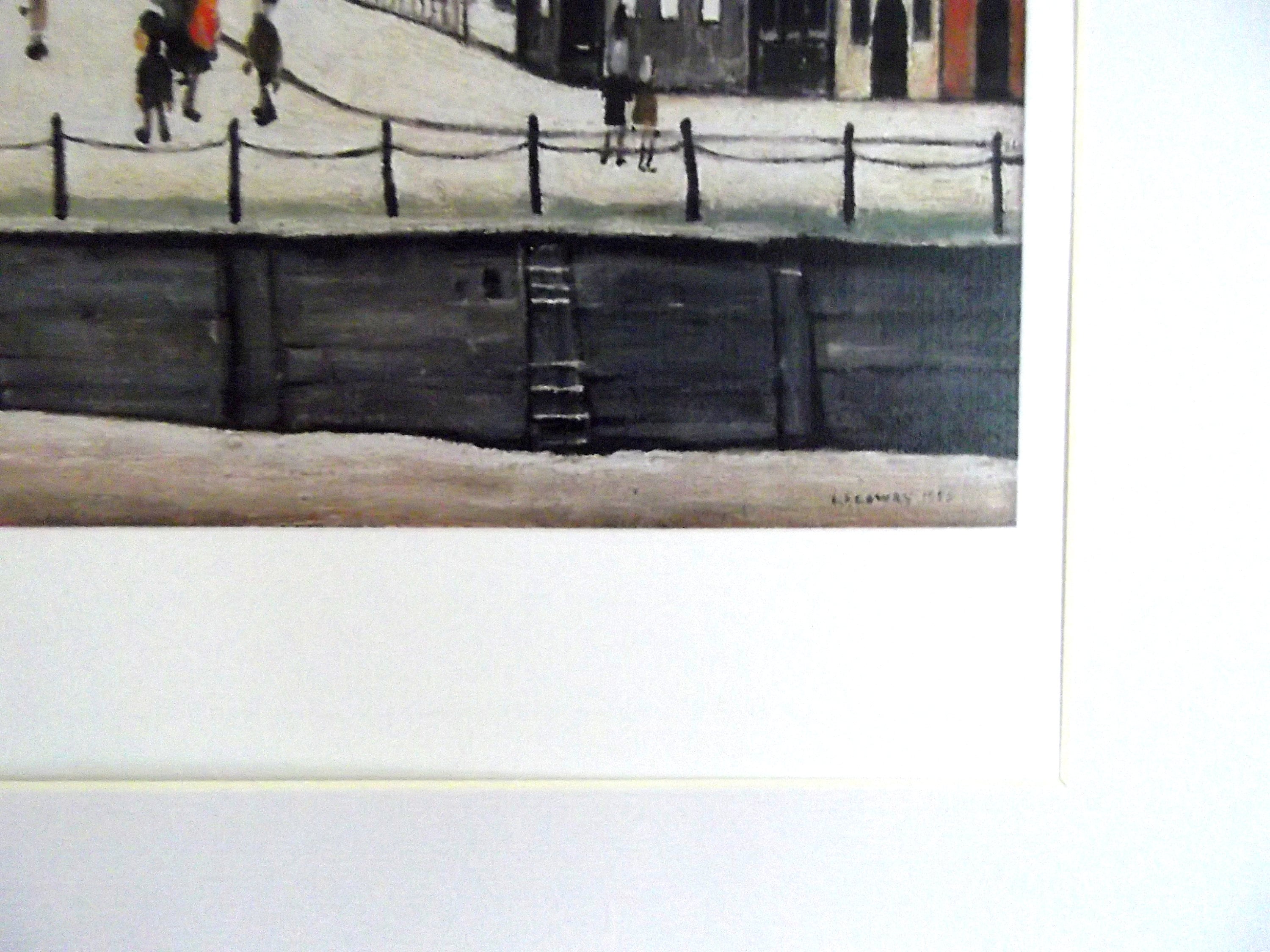 L S Lowry Art Print - Senhouse Street MARYPORT - Light Oak Finish Frame with White mount and Textured Image