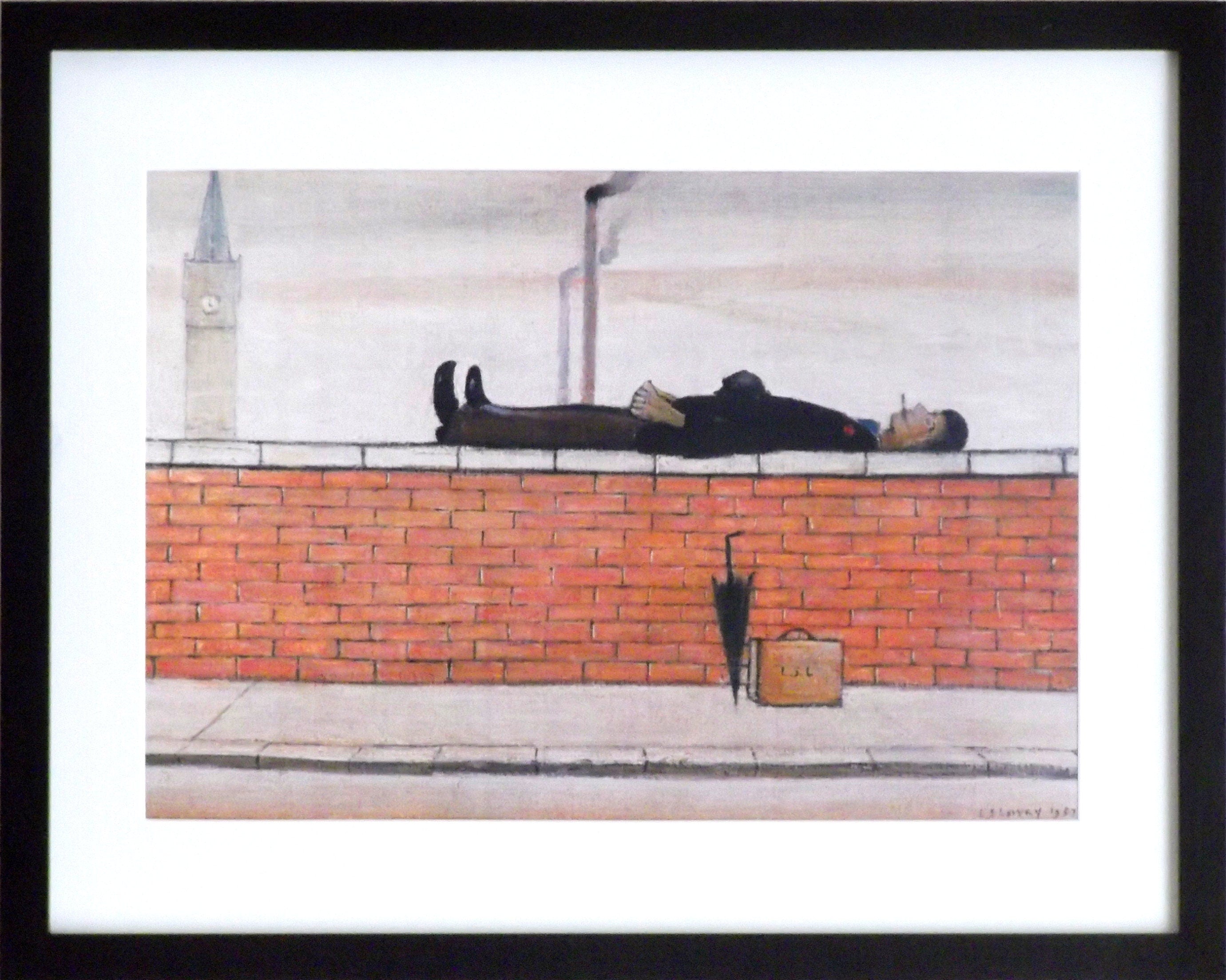 L S Lowry Art Print – Man Lying on a Wall, Black Frame