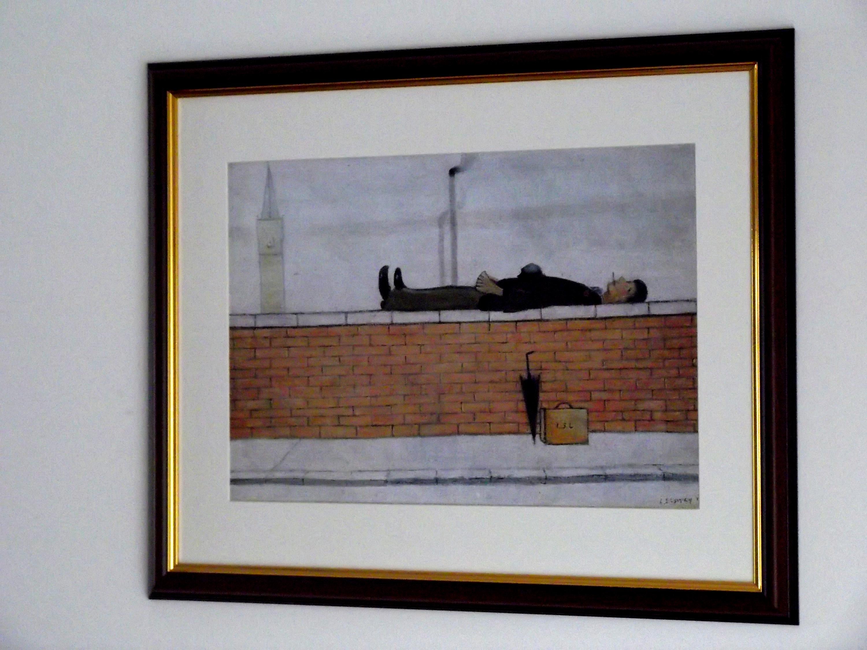L S Lowry Print - Man on a Wall - Walnut Finish Frame with White Mount and Textured Image