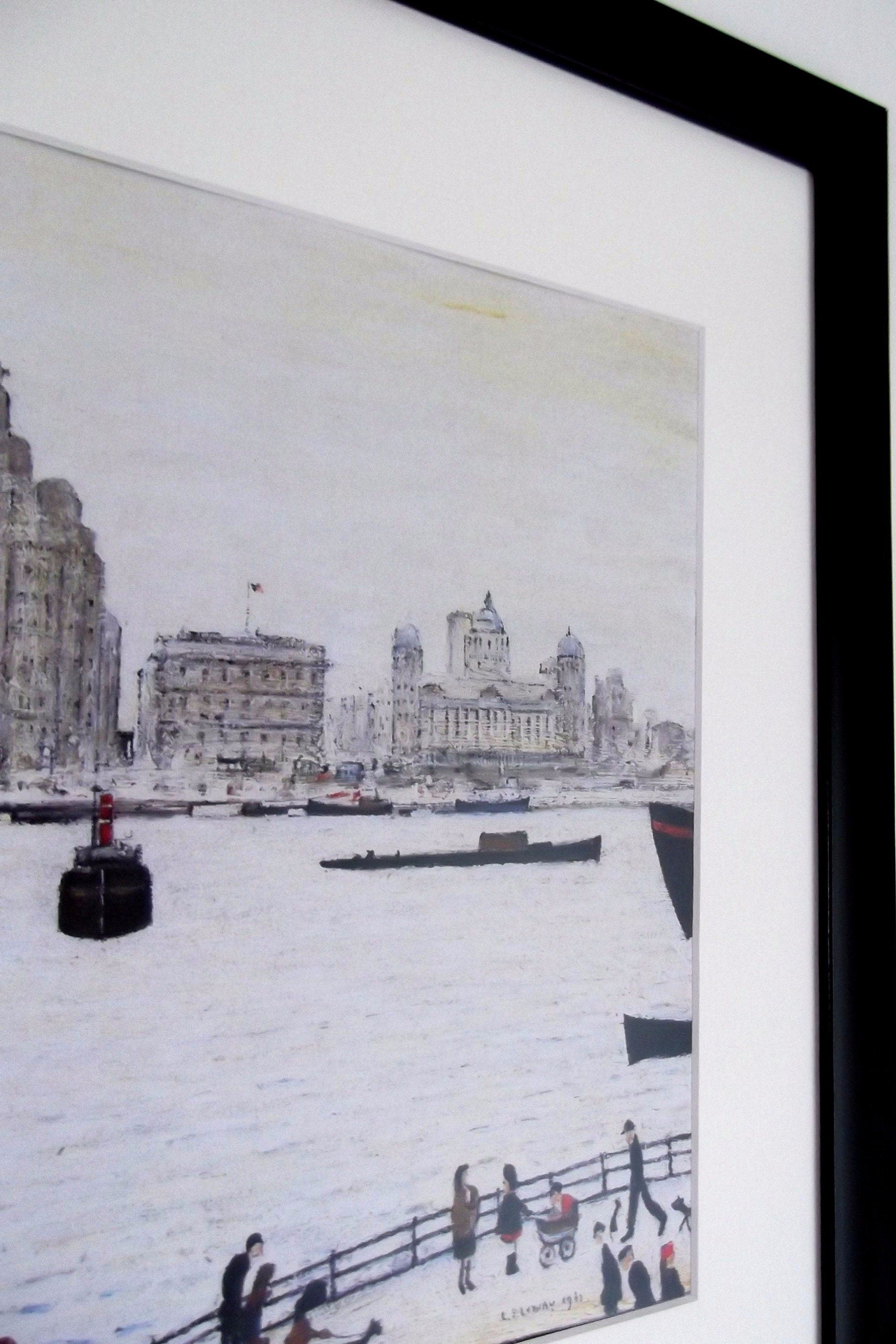 L S Lowry - Liver Building - Black Frame with Mount and textured Image