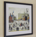 L S Lowry Art Print - Mill Scene With Figures - Satin Black Frame with White mount and Textured Image