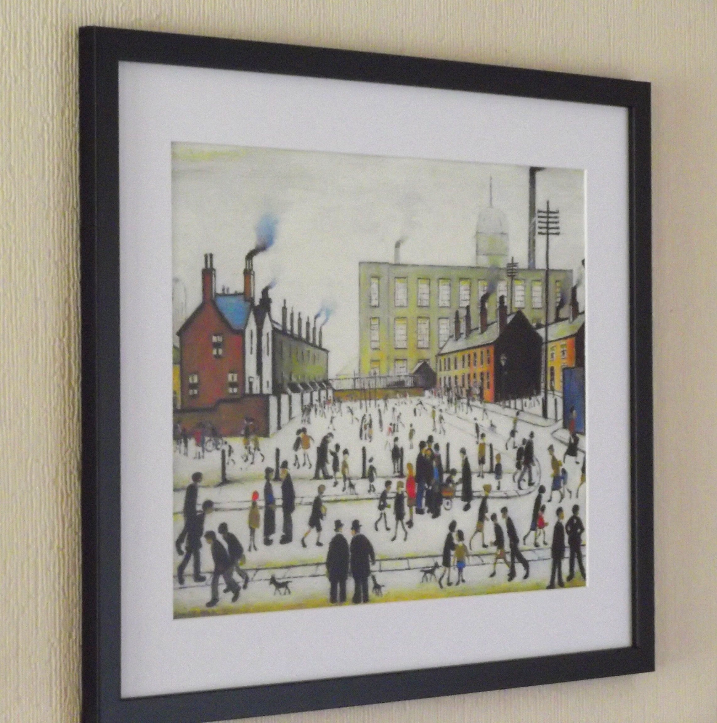 L S Lowry Art Print - Mill Scene With Figures - Satin Black Frame with White mount and Textured Image