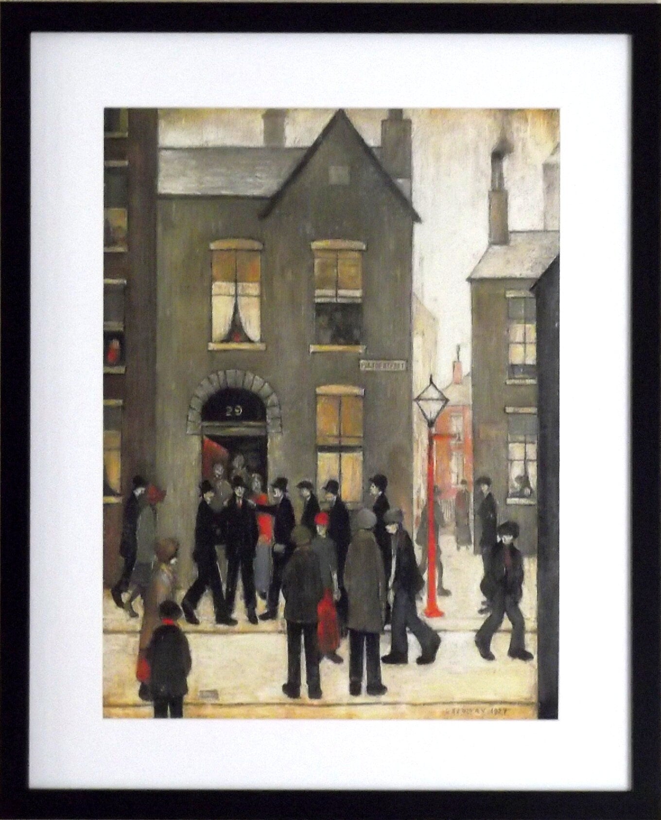 L S Lowry Art Print - THE ARREST - Satin Black Frame with White mount and Textured Image