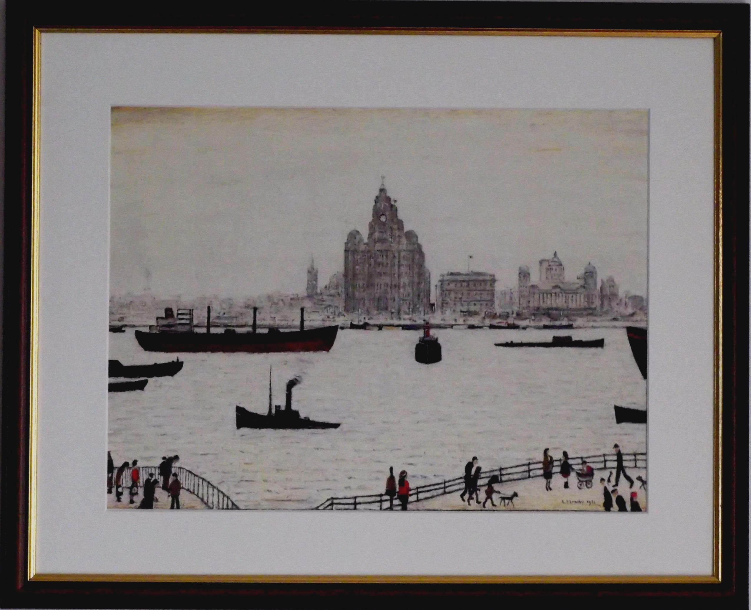 L S Lowry Art Print - LIVER BUILDING - Walnut Finish Frame with White Mount and Textured Image