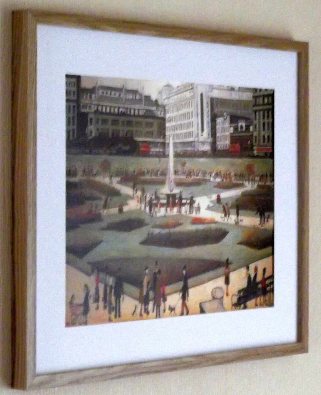 L S Lowry Art Print - Piccadilly Gardens - Light Oak Finish Frame with White mount and Textured Image