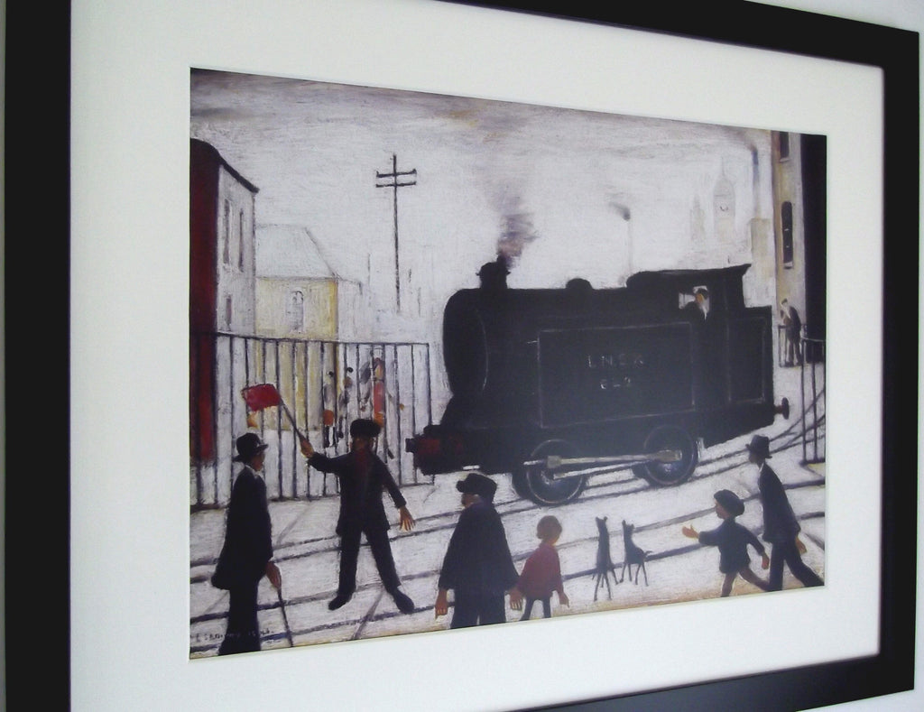 L S Lowry AUTHENTIC Print - Level Crossing - Black Frame with mount and Textured Image
