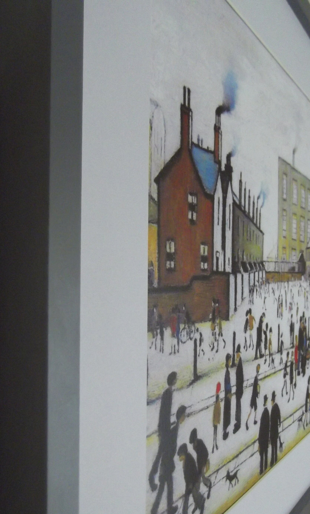 L S Lowry Print - Mill Scene With Figures - Grey Frame with Mount and Textured Image