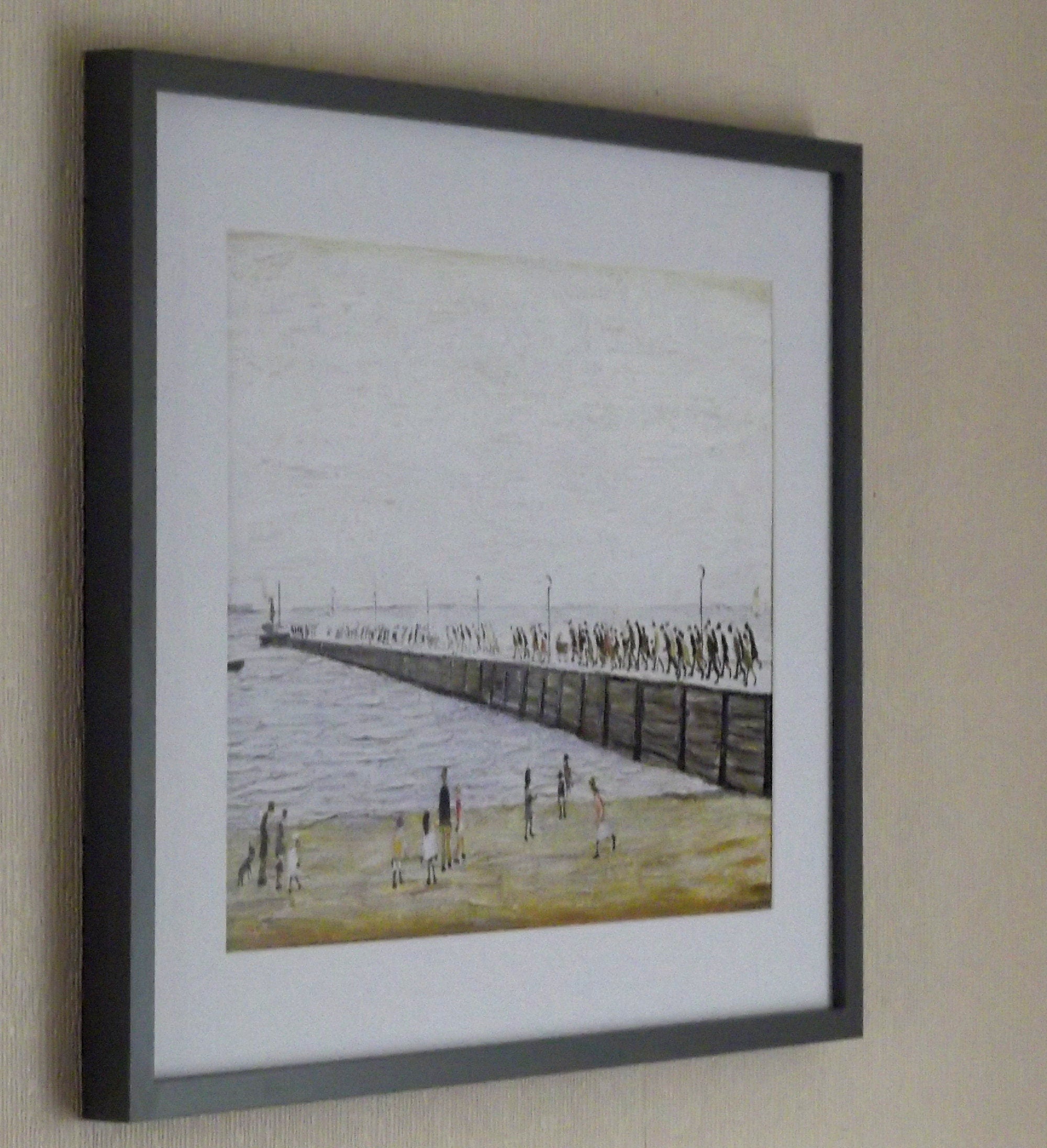 L S Lowry Print - Jetty At Knott End - Grey Frame with Mount and Textured Image