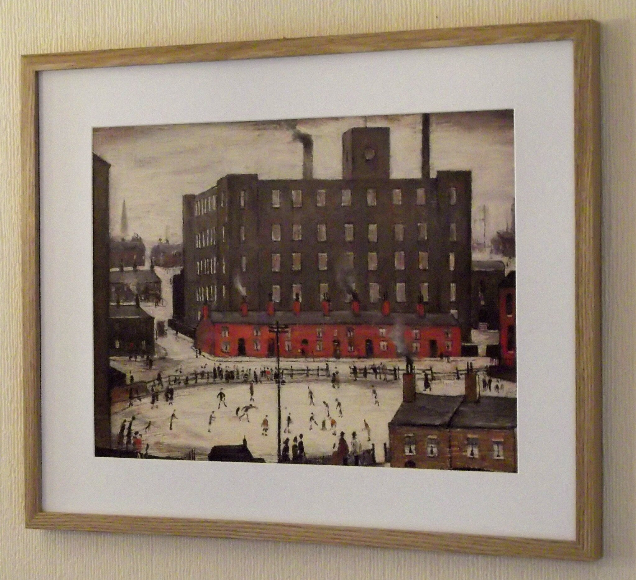 L S Lowry Art Print - CRICKET MATCH - Light Oak Finish Frame with White mount and Textured Image
