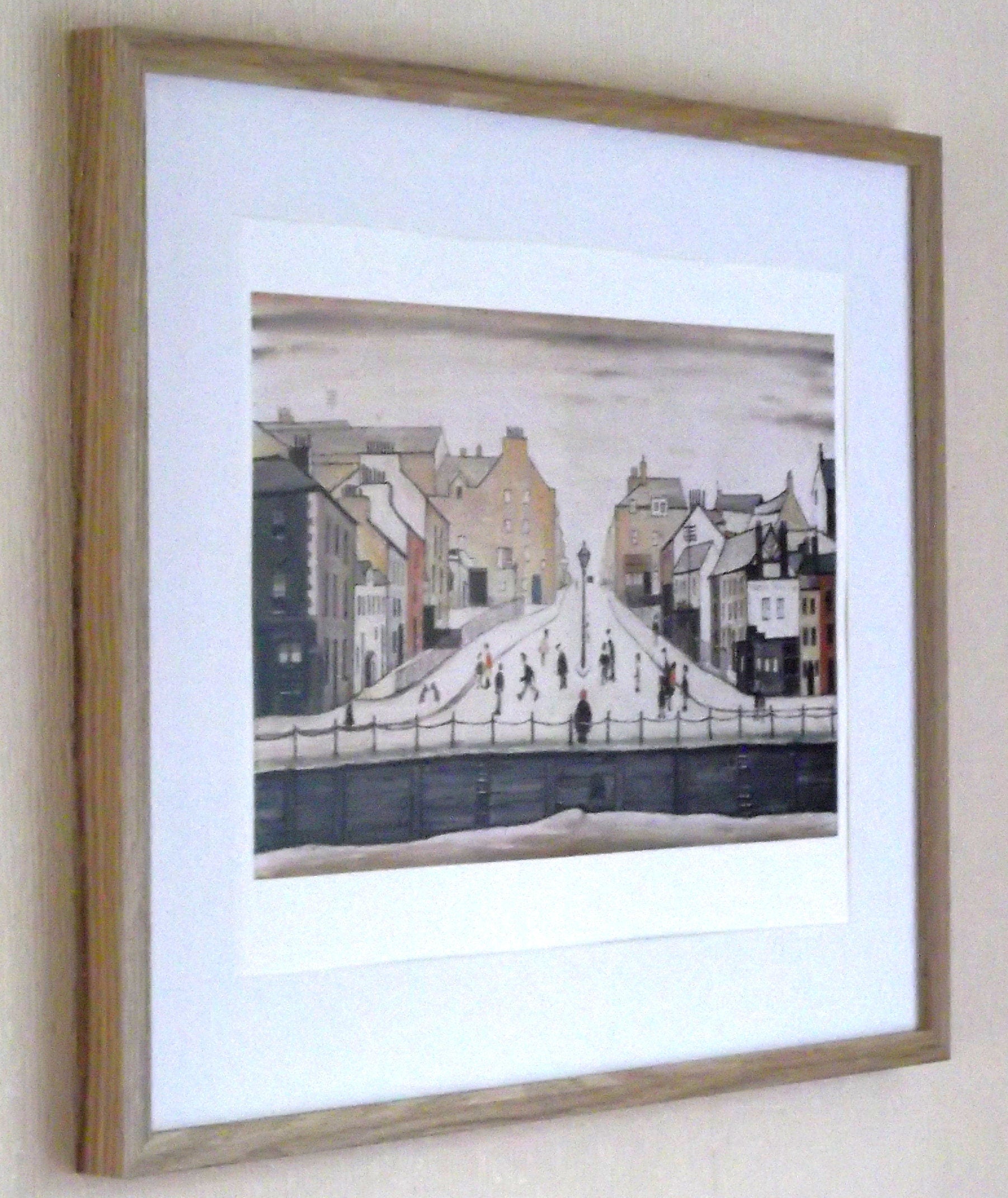 L S Lowry Art Print - Senhouse Street MARYPORT - Light Oak Finish Frame with White mount and Textured Image