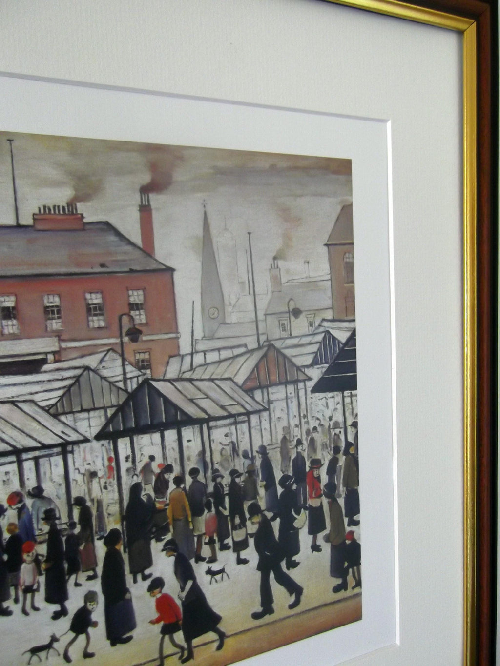L S Lowry AUTHENTIC Print - MARKET SCENE - Walnut Finish Frame with Mount and Textured Image