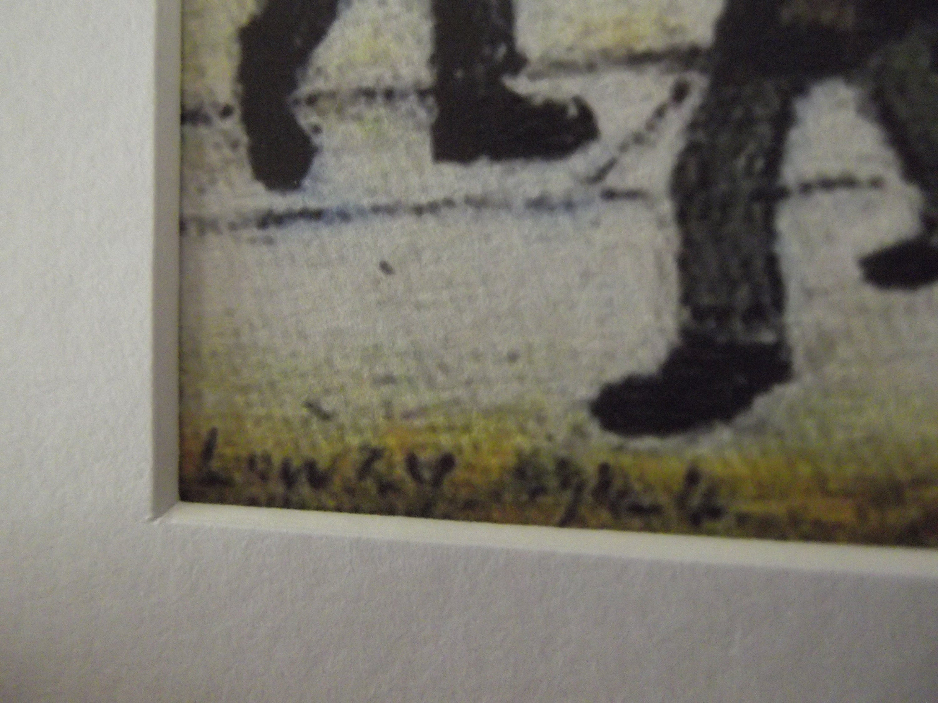 L S Lowry Art Print - Mill Scene With Figures - Satin Black Frame with White mount and Textured Image