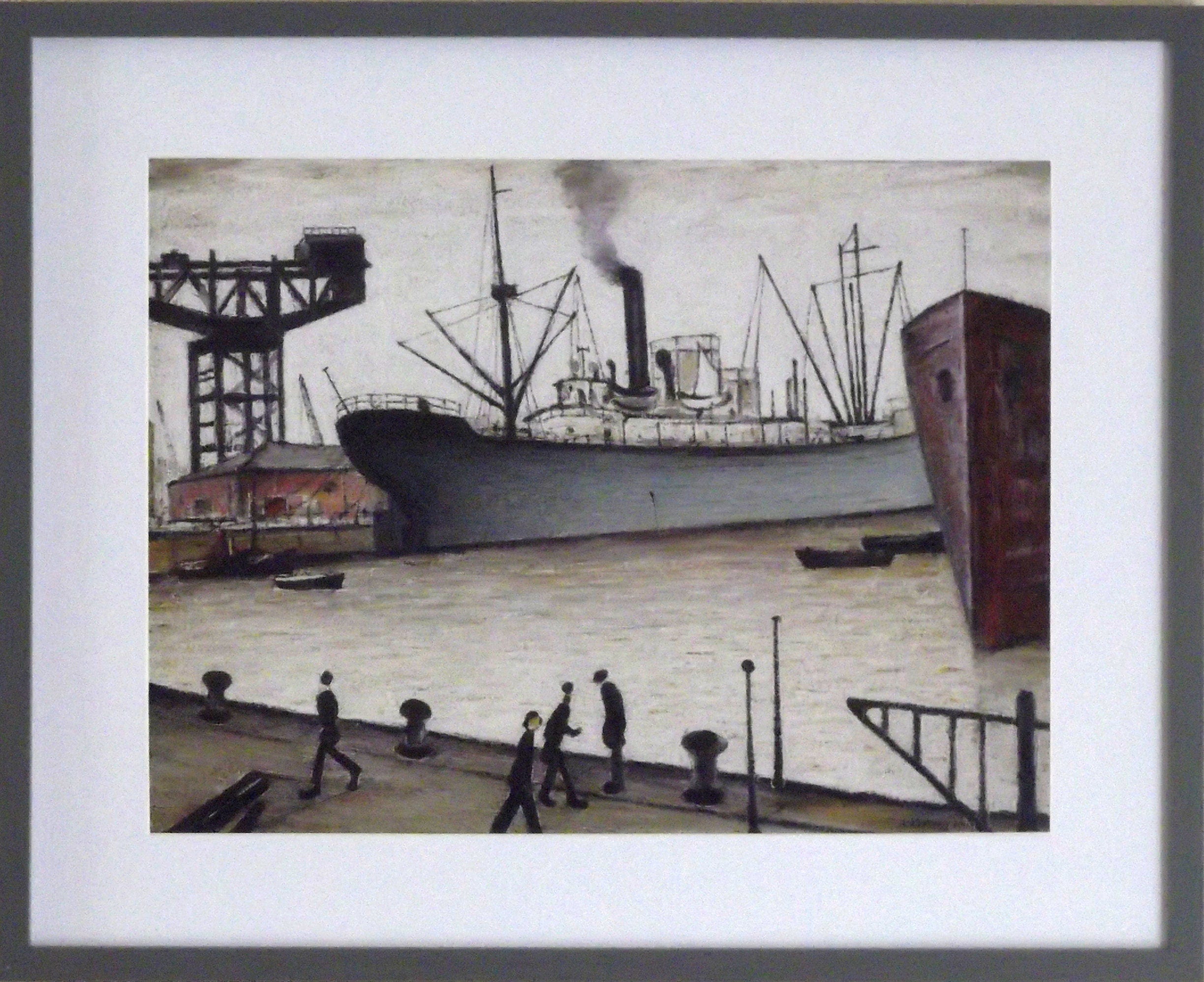 L S Lowry Print - Queens Dock GLASGOW - Grey Frame with White Mount and Textured Image
