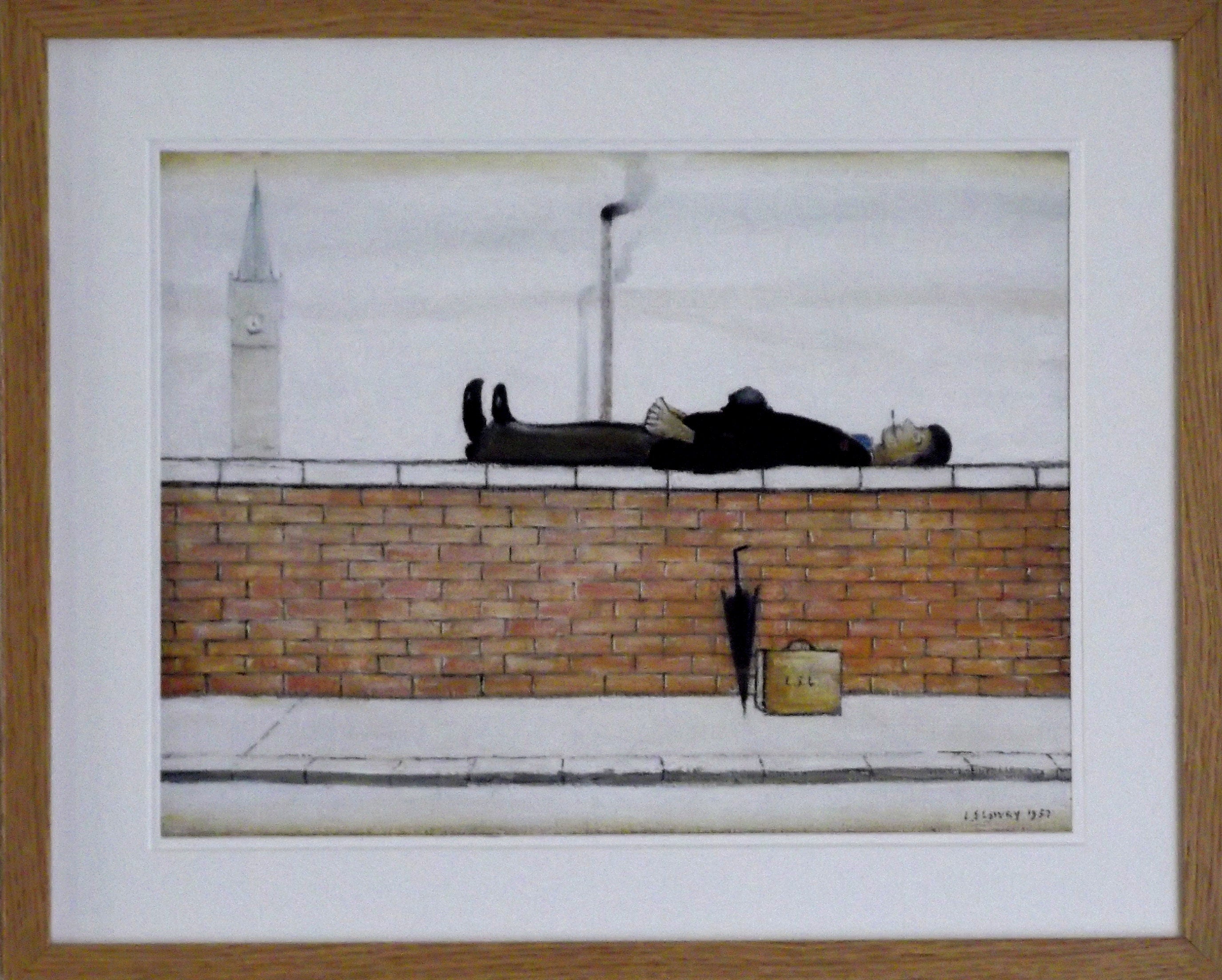 L S Lowry Print - Man Lying on a Wall - Oak Finish Frame with DOUBLE Mount and Textured Image