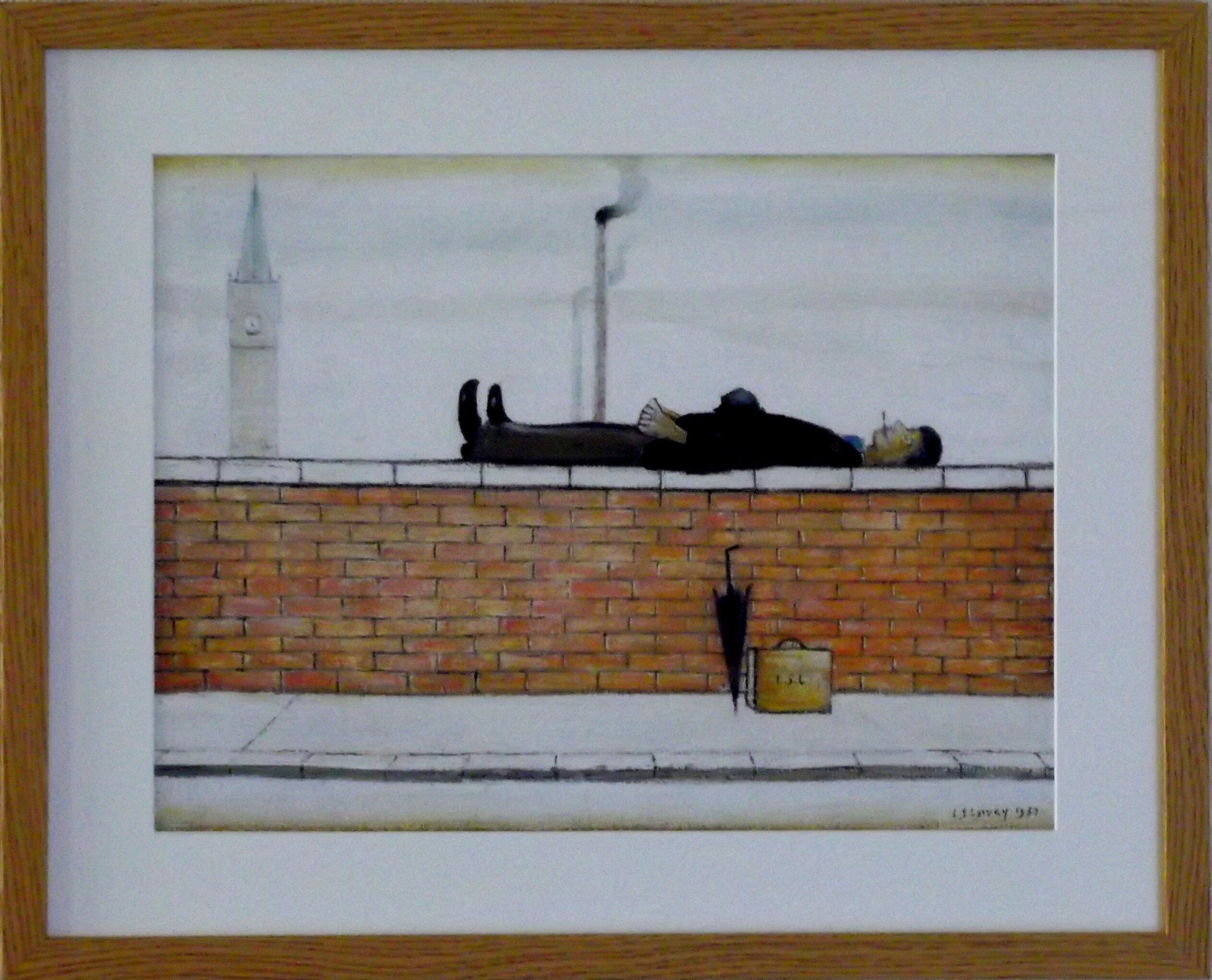 L S Lowry Print – Man Lying on Wall - Oak Finish Frame with Mount and Textured Image