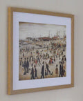 L S Lowry Print – BEACH SCENE - Oak Finish Frame with Mount and Textured Image
