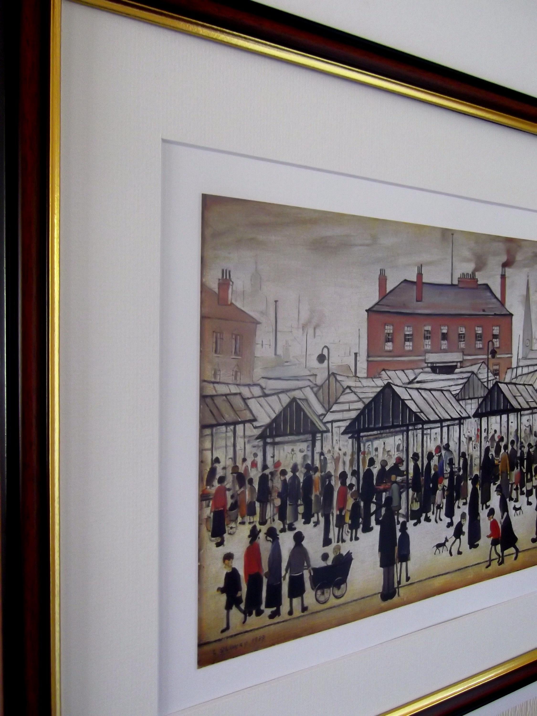 L S Lowry AUTHENTIC Print - MARKET SCENE - Walnut Finish Frame with Mount and Textured Image