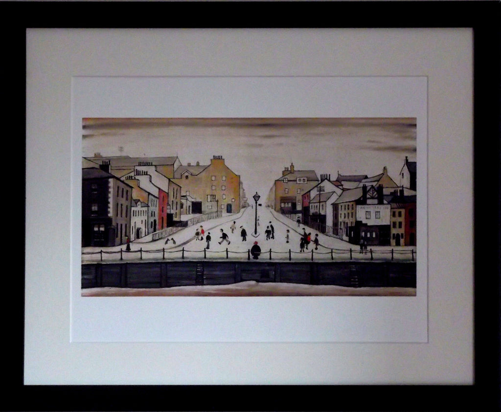 L S Lowry AUTHENTIC Art Print - Senhouse Street MARYPORT - Satin Black Frame with White mount and Textured Image