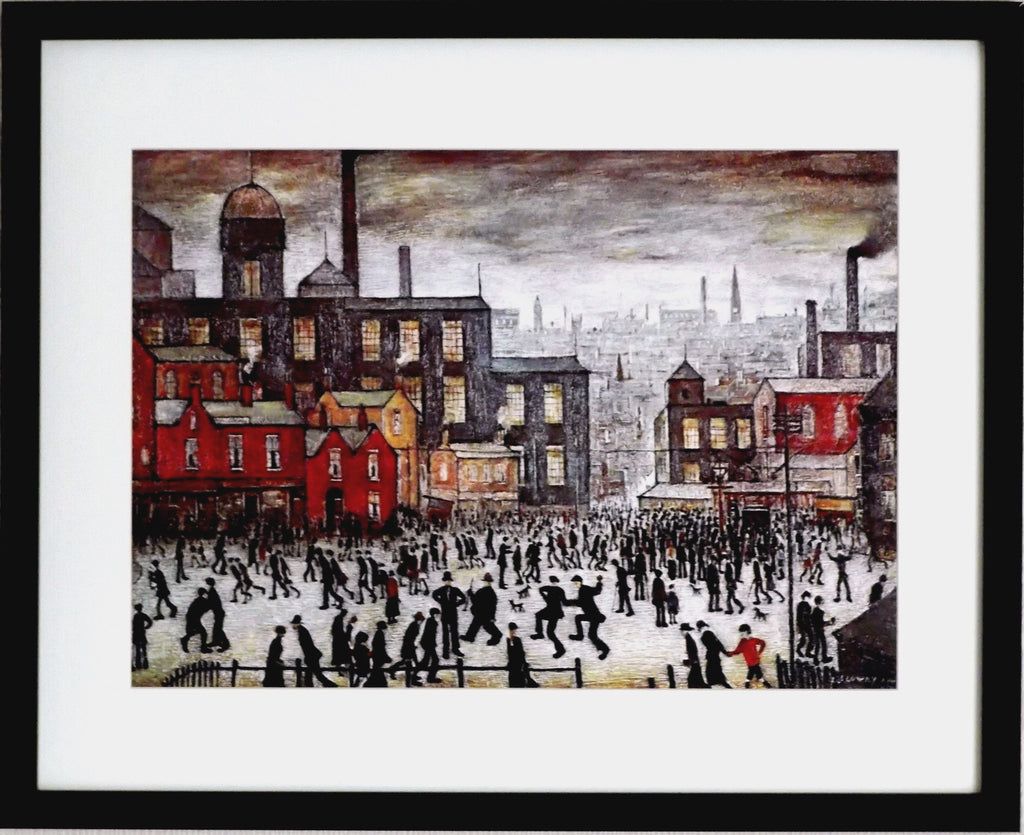 L S Lowry AUTHENTIC Art Print - OUR TOWN - Satin Black Frame with White Mount and Textured Image