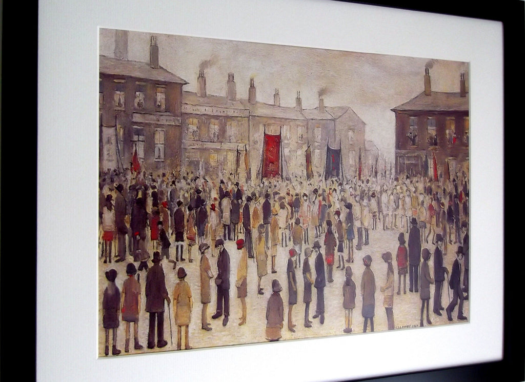 L S Lowry AUTHENTIC Art Print - A Procession - Satin Black Frame with White mount and Textured Image