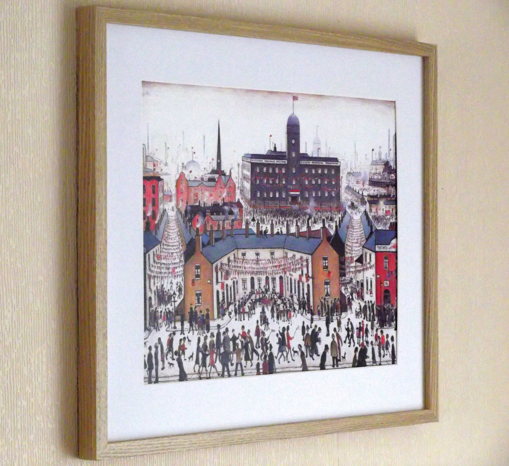 L S Lowry Print – V E Day - Oak Finish Frame with Mount and Textured Image