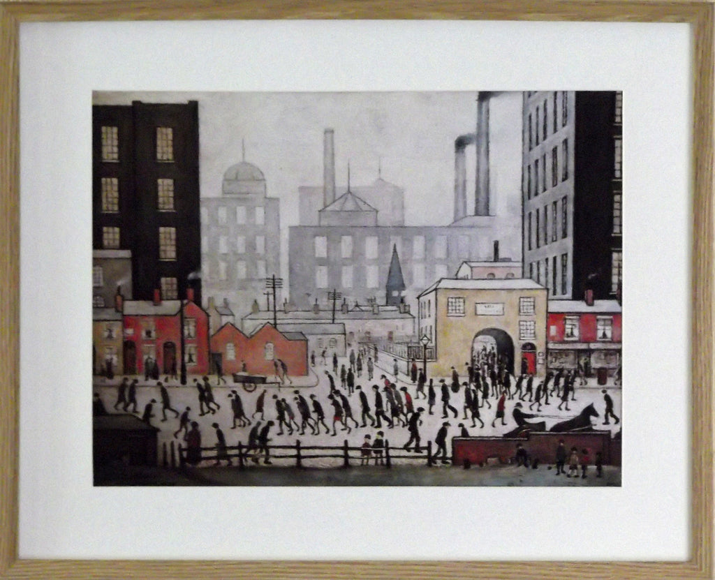 L S Lowry Art Print - Coming from the Mill - Light Oak Finish Frame with White mount and Textured Image